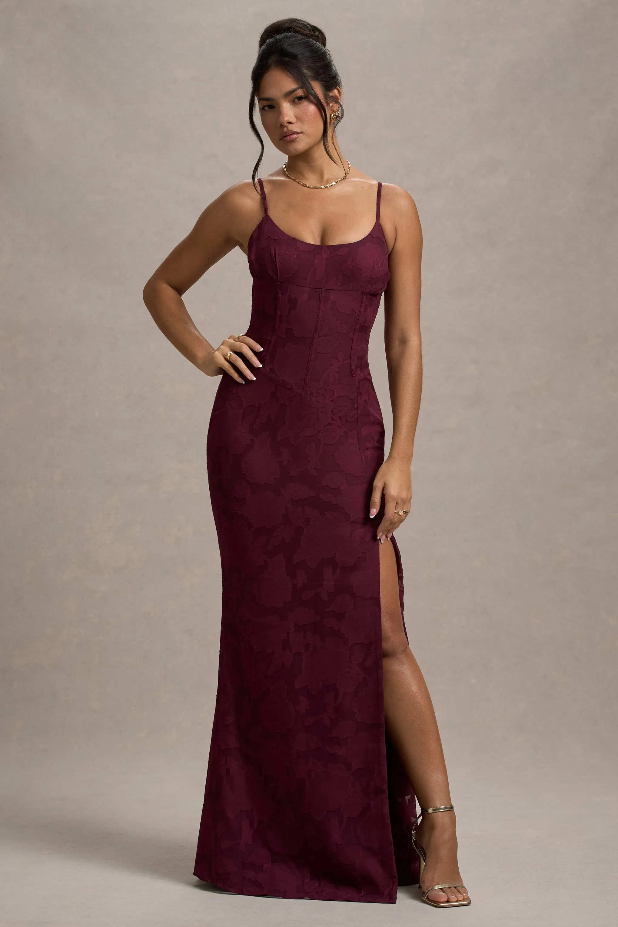 Intimacy | Plum Lace Corset Split Maxi Dress sold by Club L London