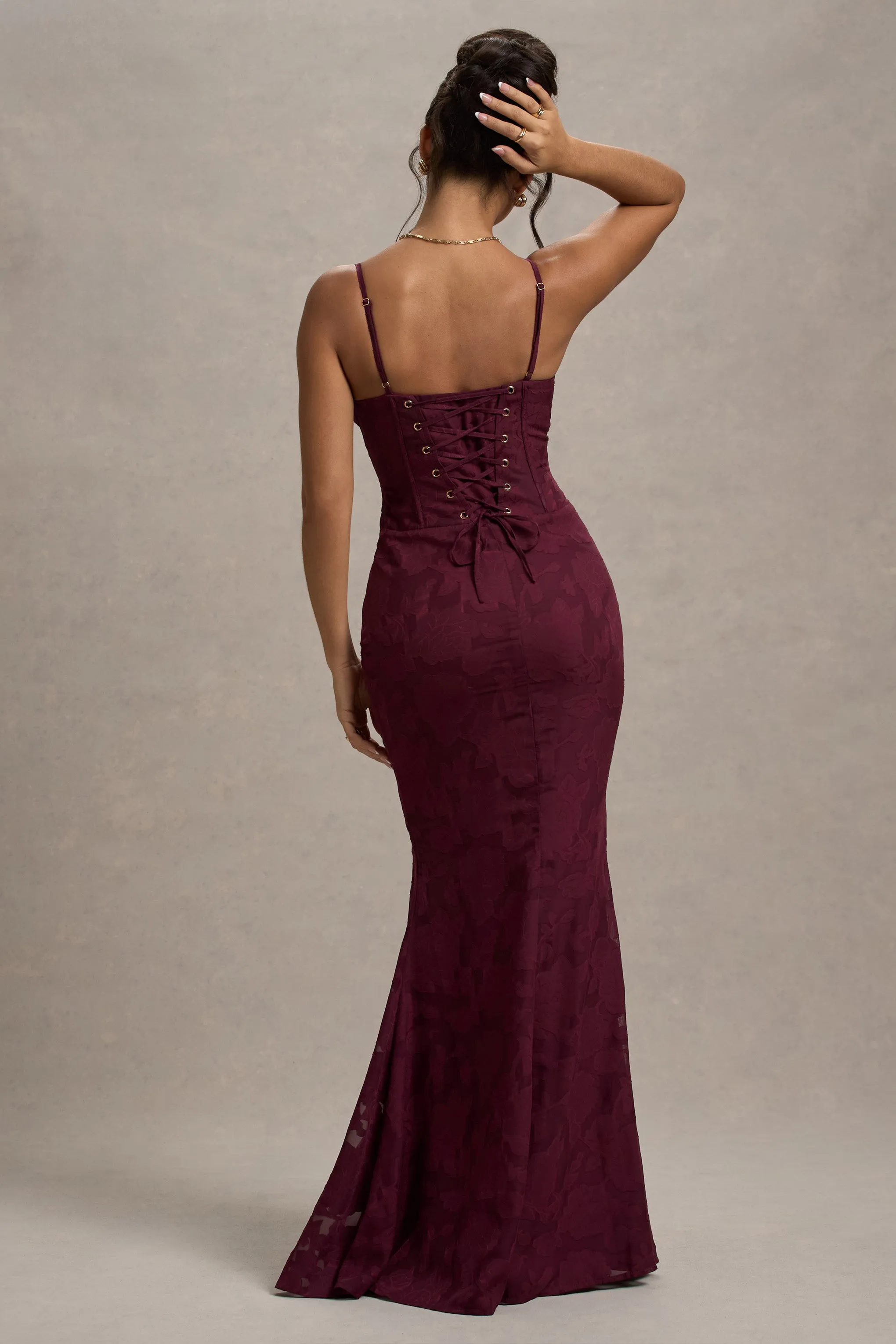Intimacy | Plum Lace Corset Split Maxi Dress sold by Club L London product image thumbnail 2