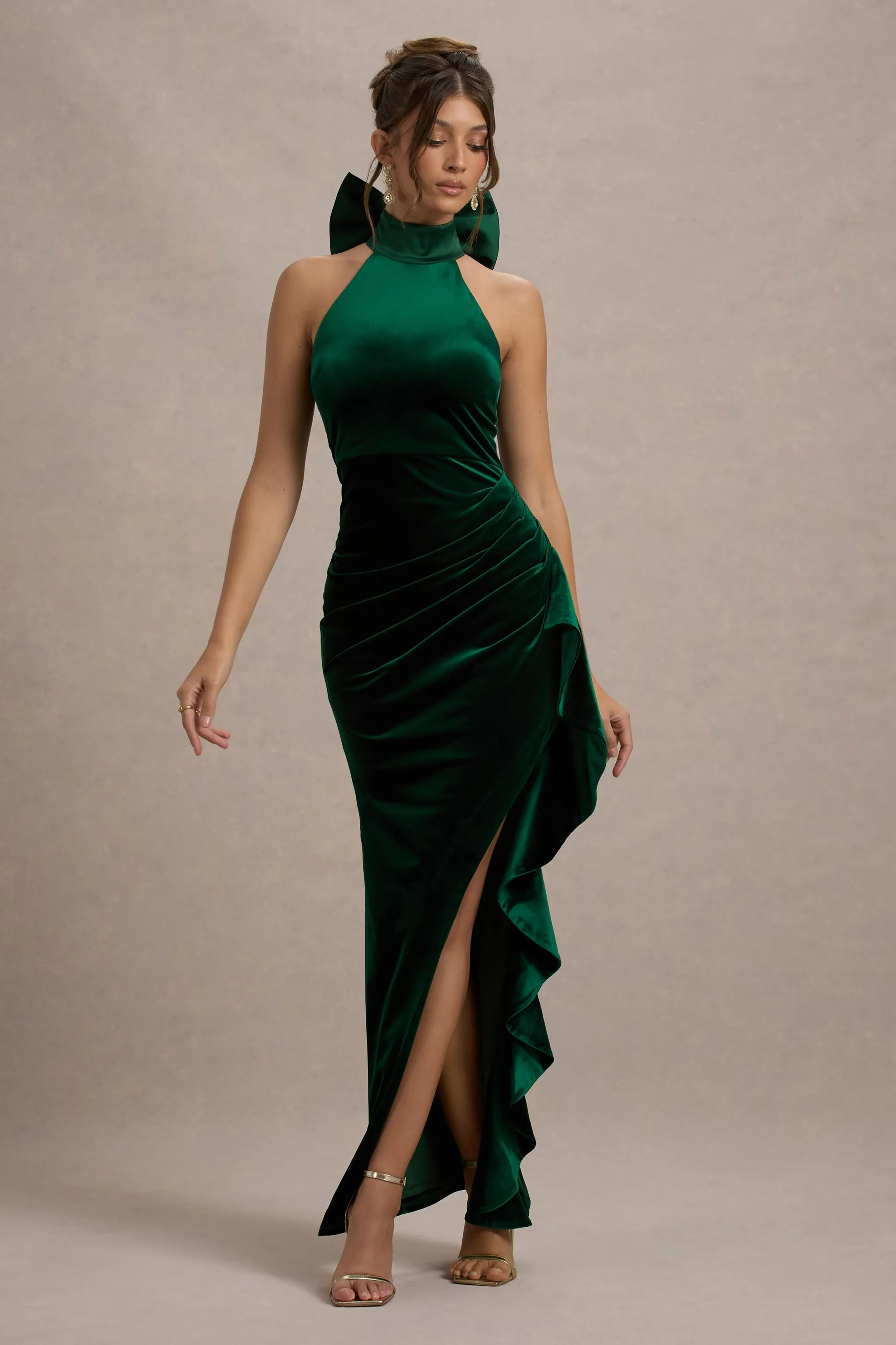 Janiya | Green Velvet High-Neck Ruffled Split Maxi Dress sold by Club L London product image thumbnail 5