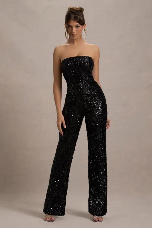 Elation | Black Sequin Strapless Flared-Leg Jumpsuit sold by Club L London