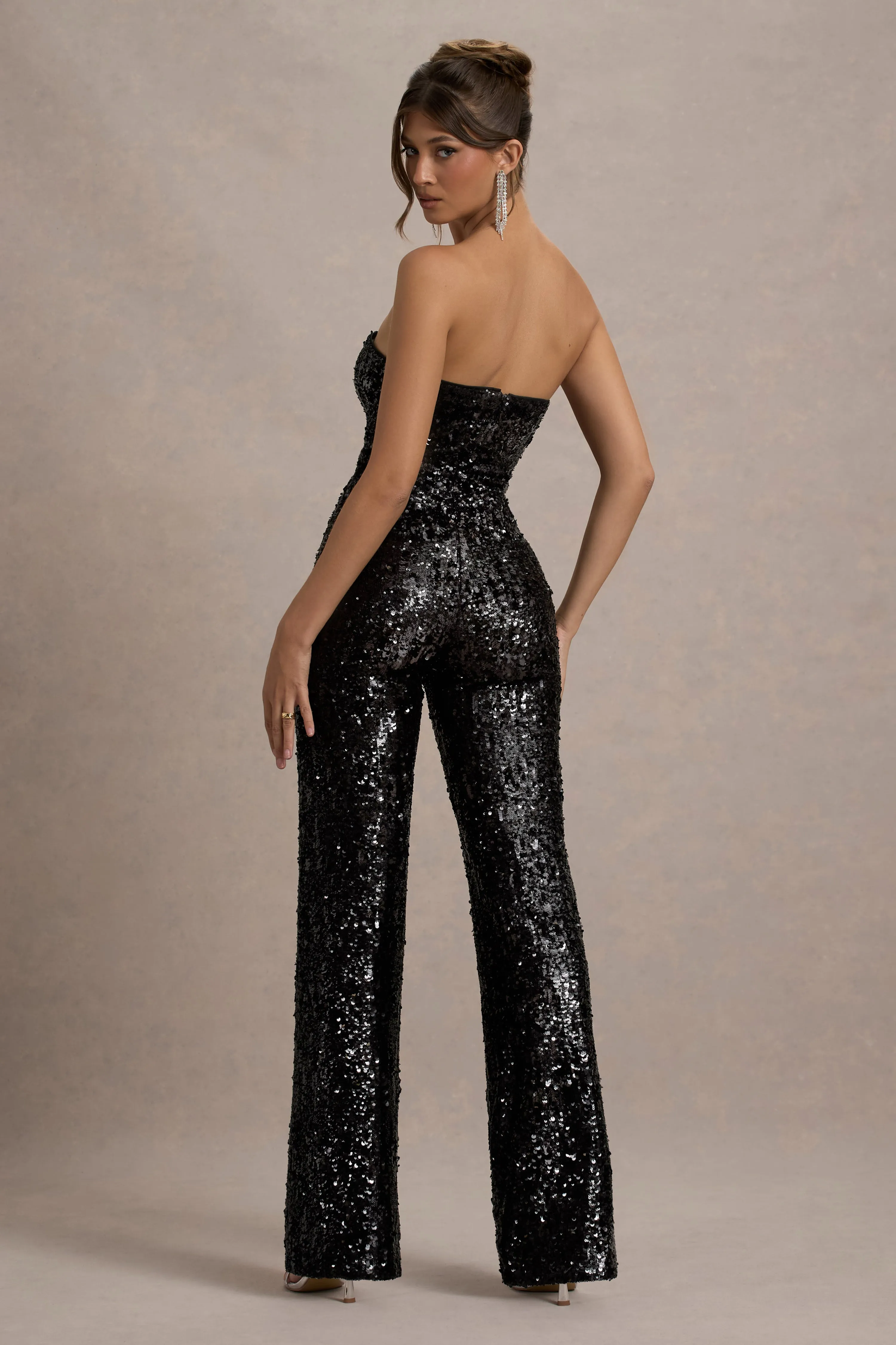 Elation | Black Sequin Strapless Flared-Leg Jumpsuit sold by Club L London product image thumbnail 2
