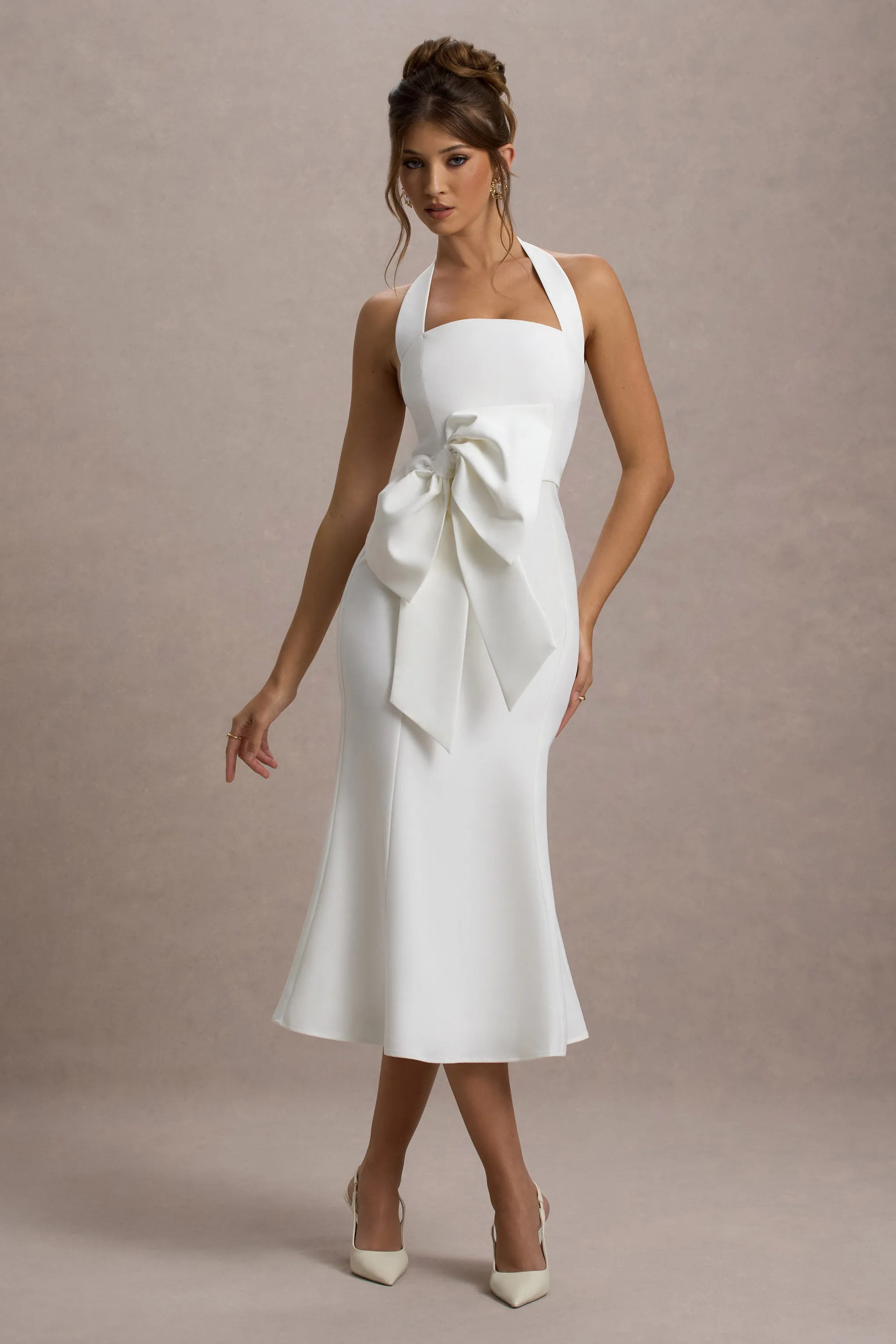 Aman | White Halter-Neck Midi Dress With Oversized Bow sold by Club L London