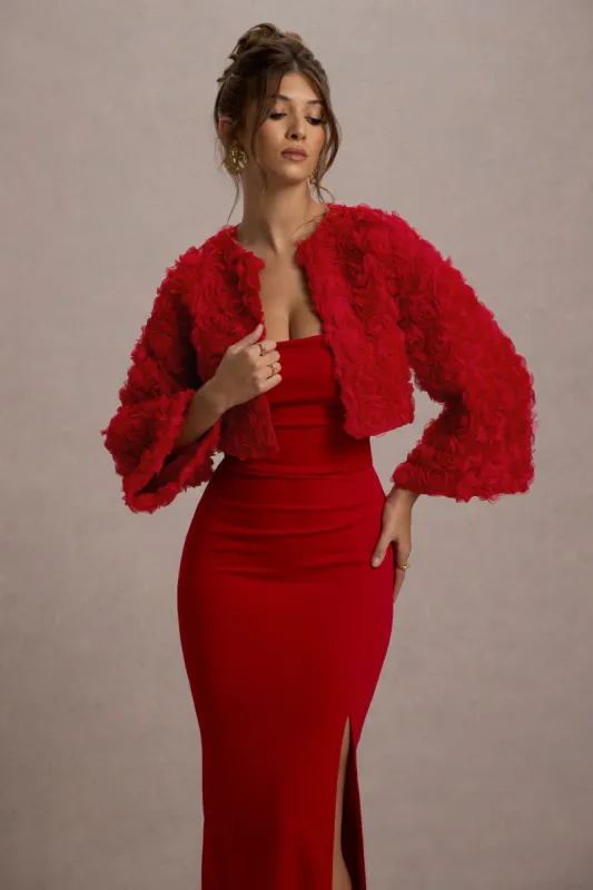 Tulip Twirl | Red Mesh Floral Cropped Jacket sold by Club L London