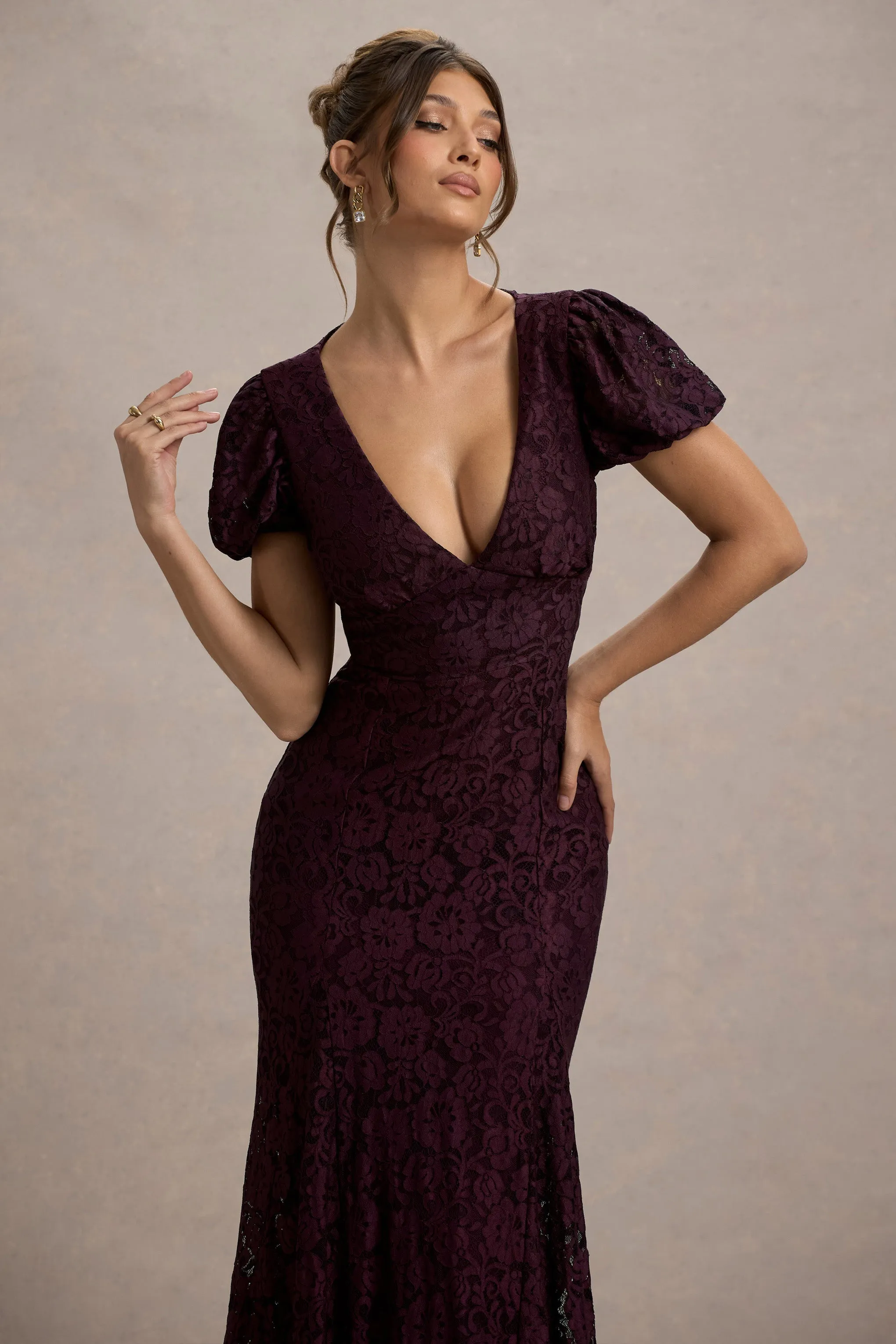 Elestria | Port Lace V-Neck Puff-Sleeve Maxi Dress sold by Club L London product image thumbnail 3