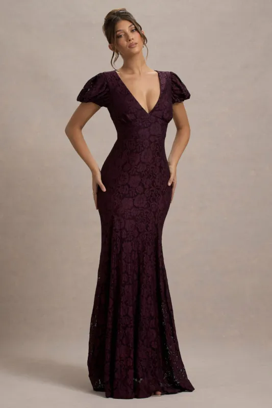 Elestria | Port Lace V-Neck Puff-Sleeve Maxi Dress sold by Club L London