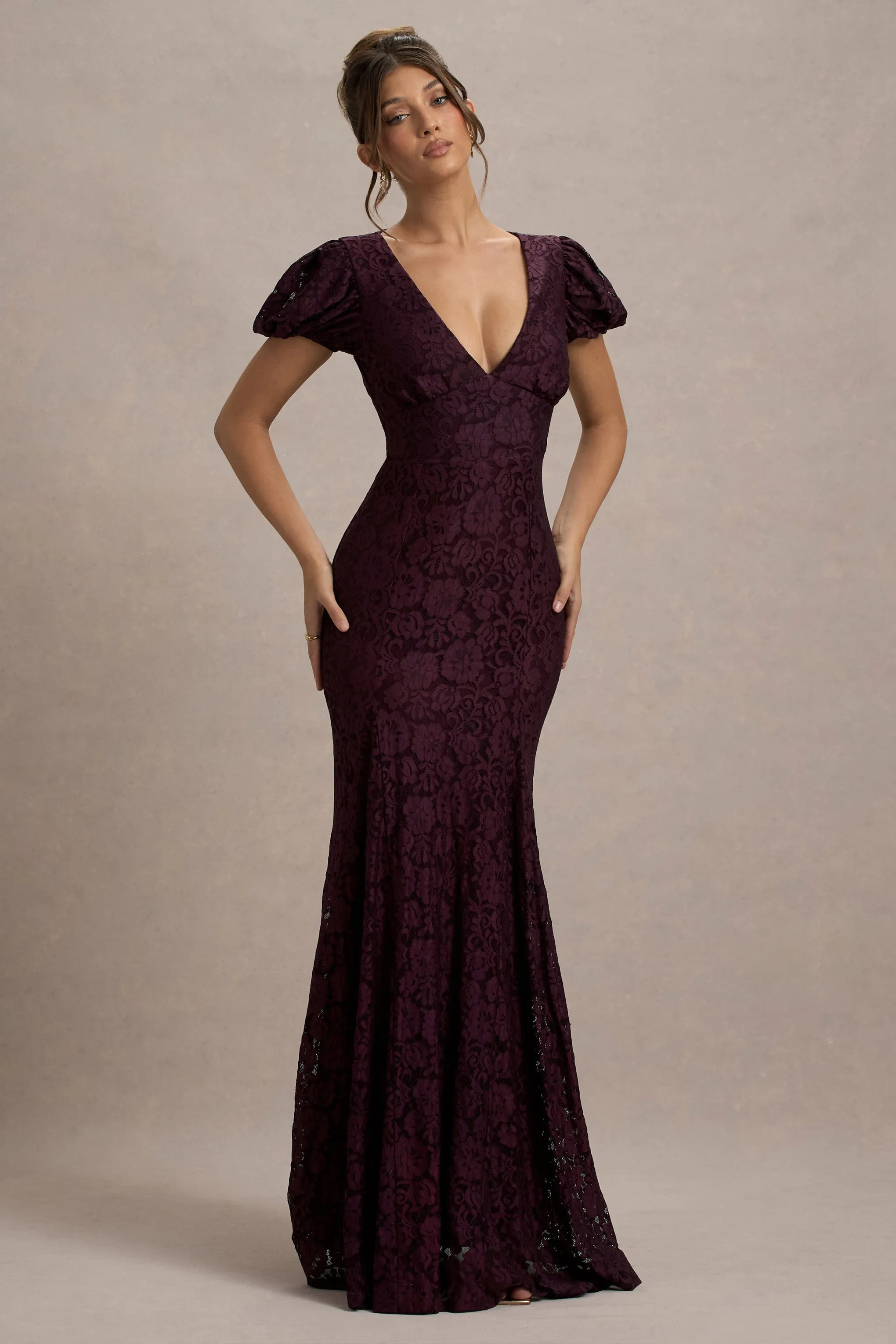 Elestria | Port Lace V-Neck Puff-Sleeve Maxi Dress sold by Club L London