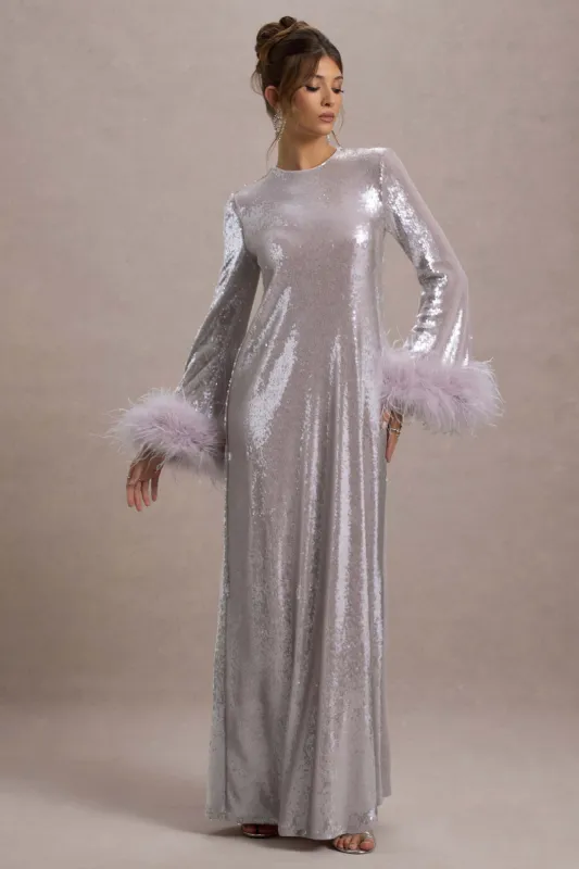 Tallie | Lilac Sequin Maxi Dress With Feather Trim sold by Club L London