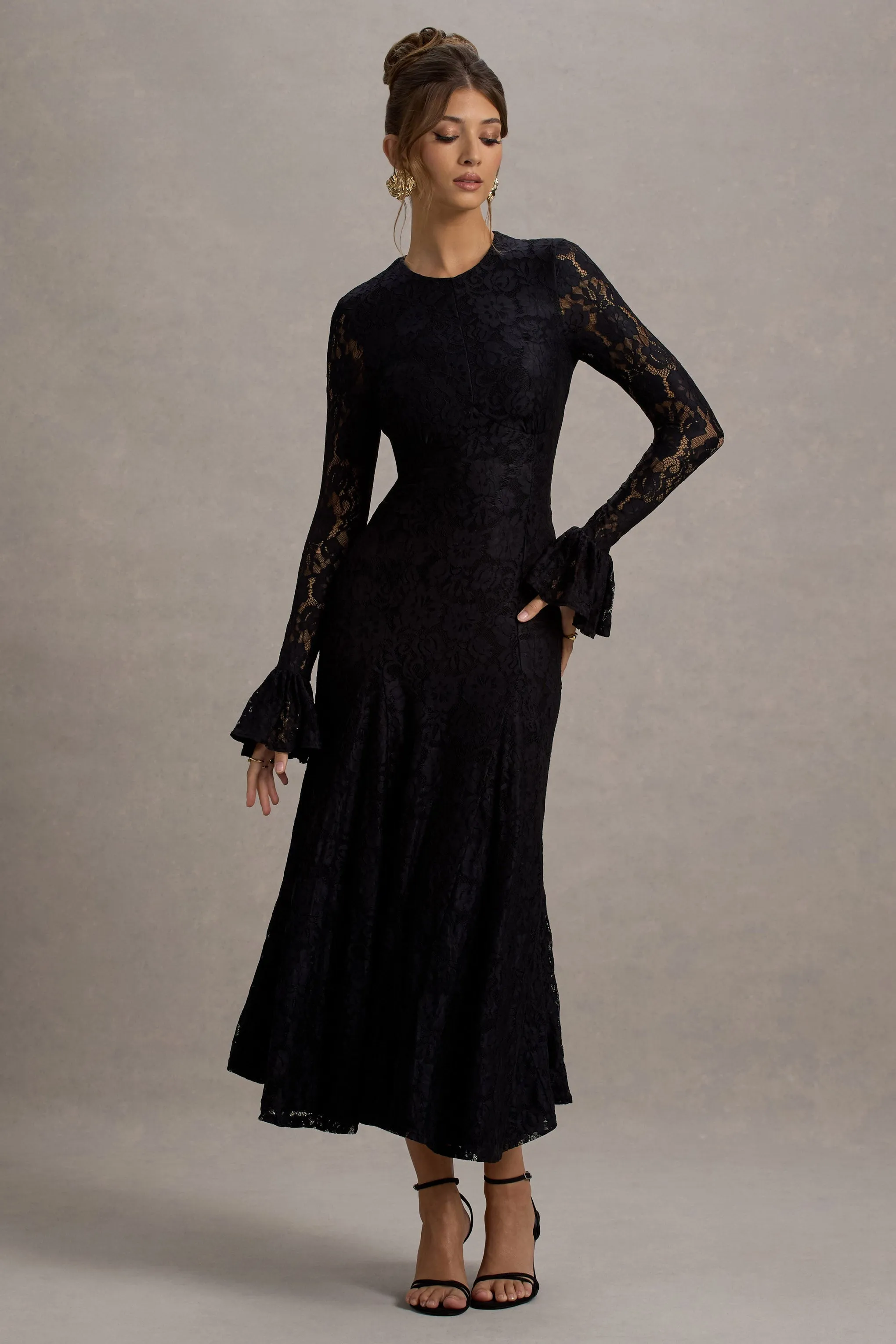 For Life | Black Lace Long-Sleeve Midi Dress sold by Club L London