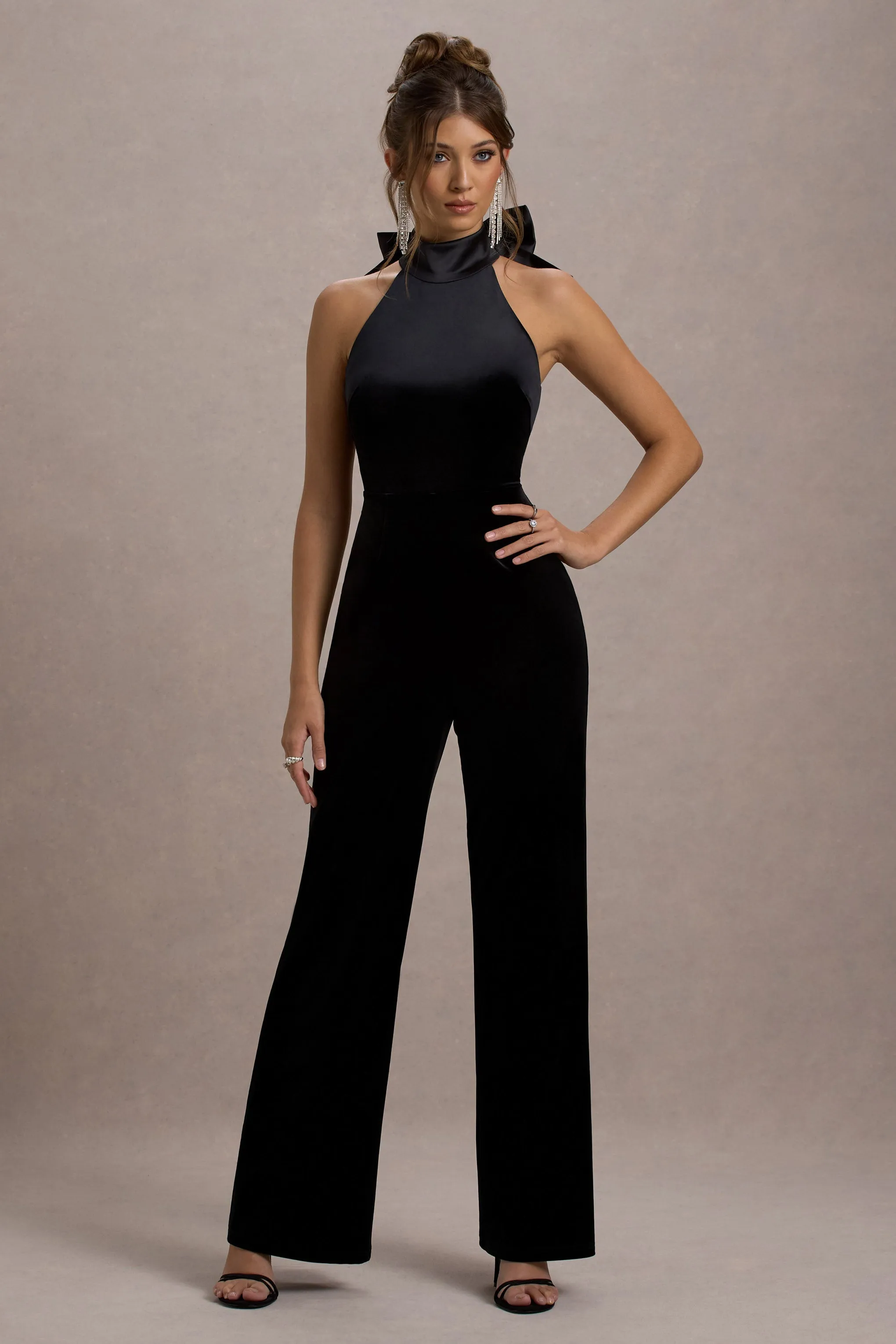 Alondra | Black Velvet High-Neck Straight-Leg Jumpsuit sold by Club L London