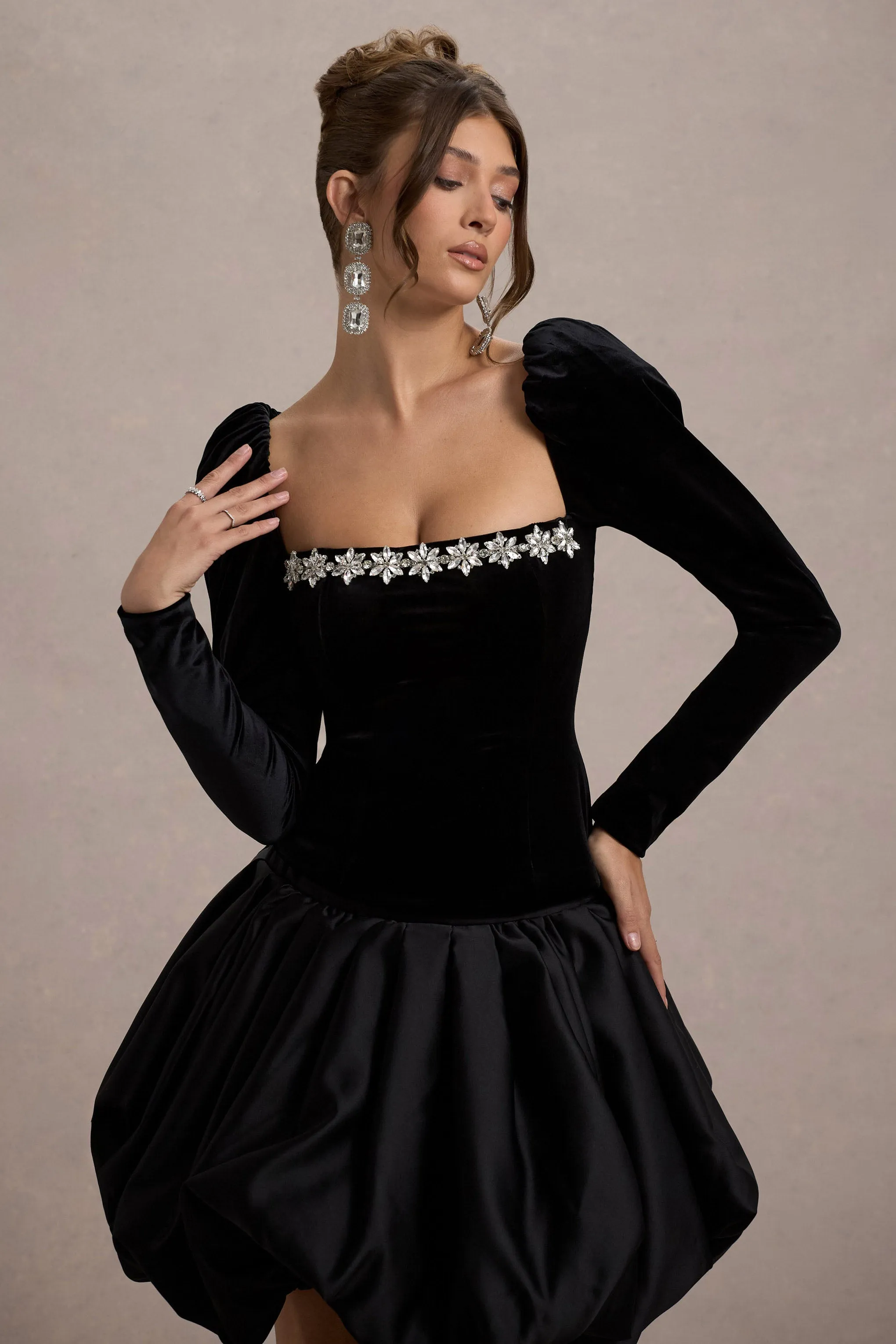 Tazmin | Black Velvet Embellished Square-Neck Top sold by Club L London product image thumbnail 3