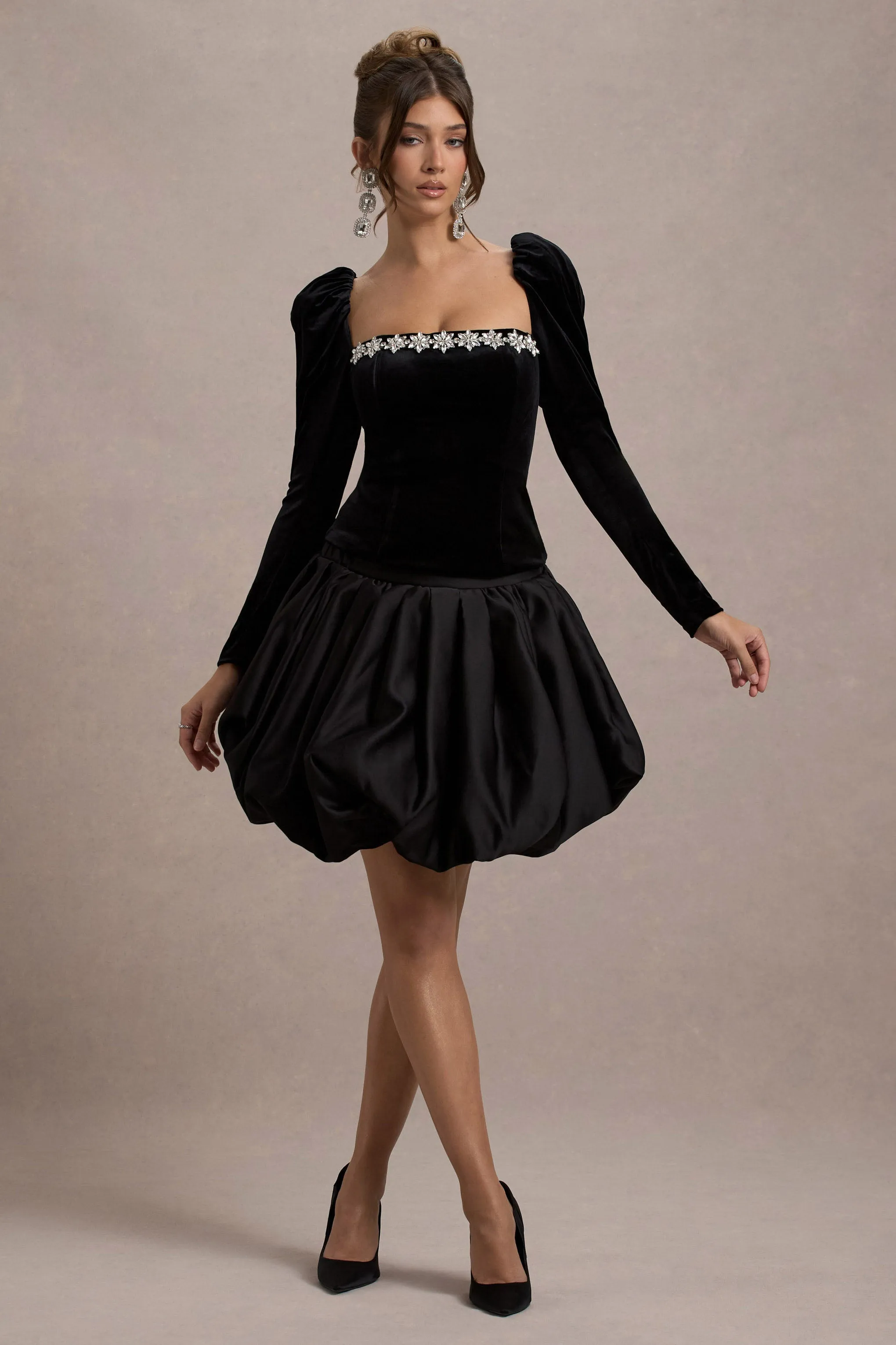 Tazmin | Black Velvet Embellished Square-Neck Top sold by Club L London