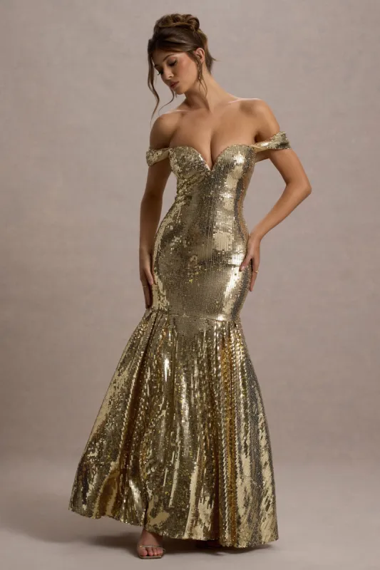 Guest Of Honour | Gold Sequin Bardot Maxi Dress sold by Club L London