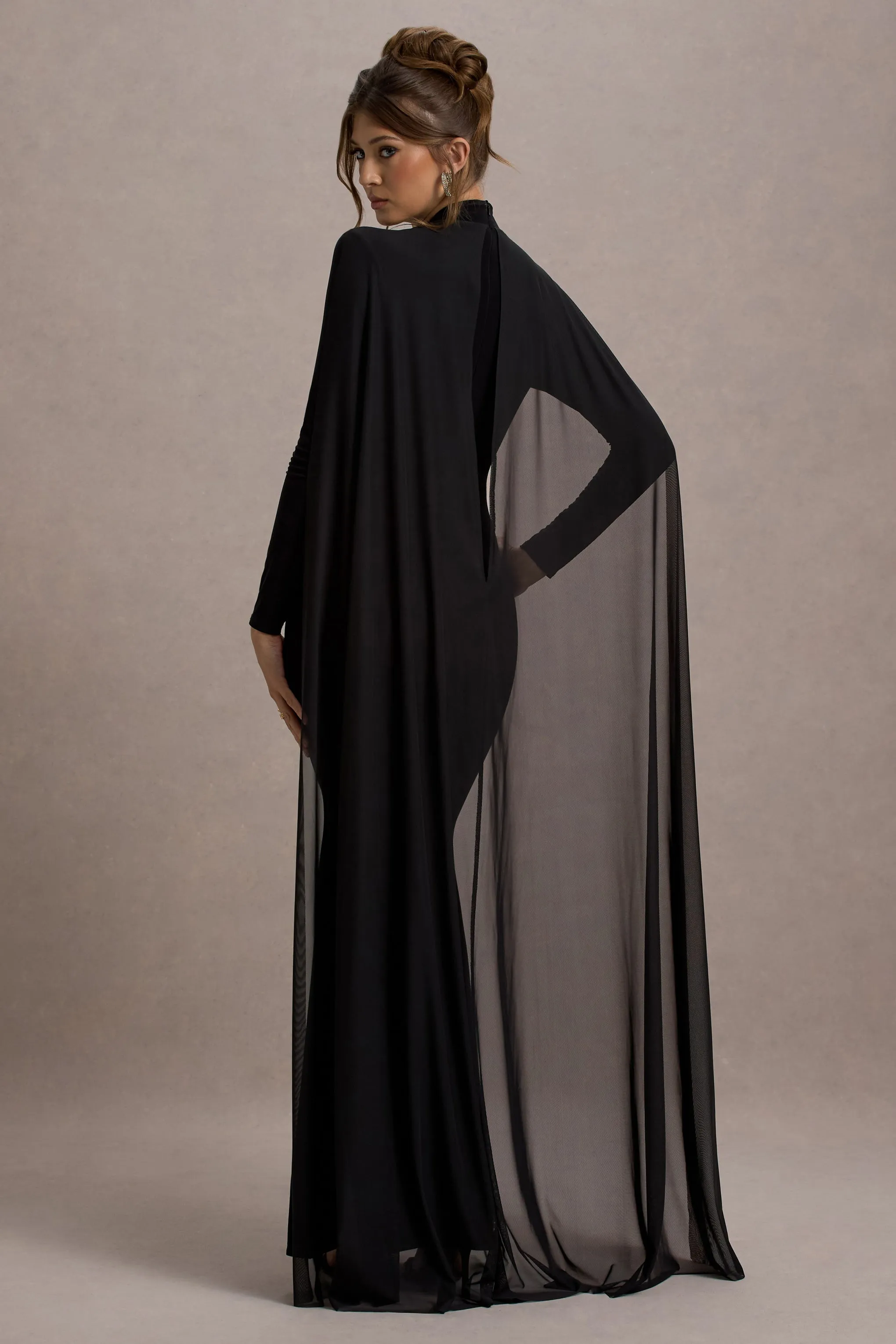 La Nuit | Black High-Neck Long-Sleeve Maxi Dress With Cape sold by Club L London product image thumbnail 2