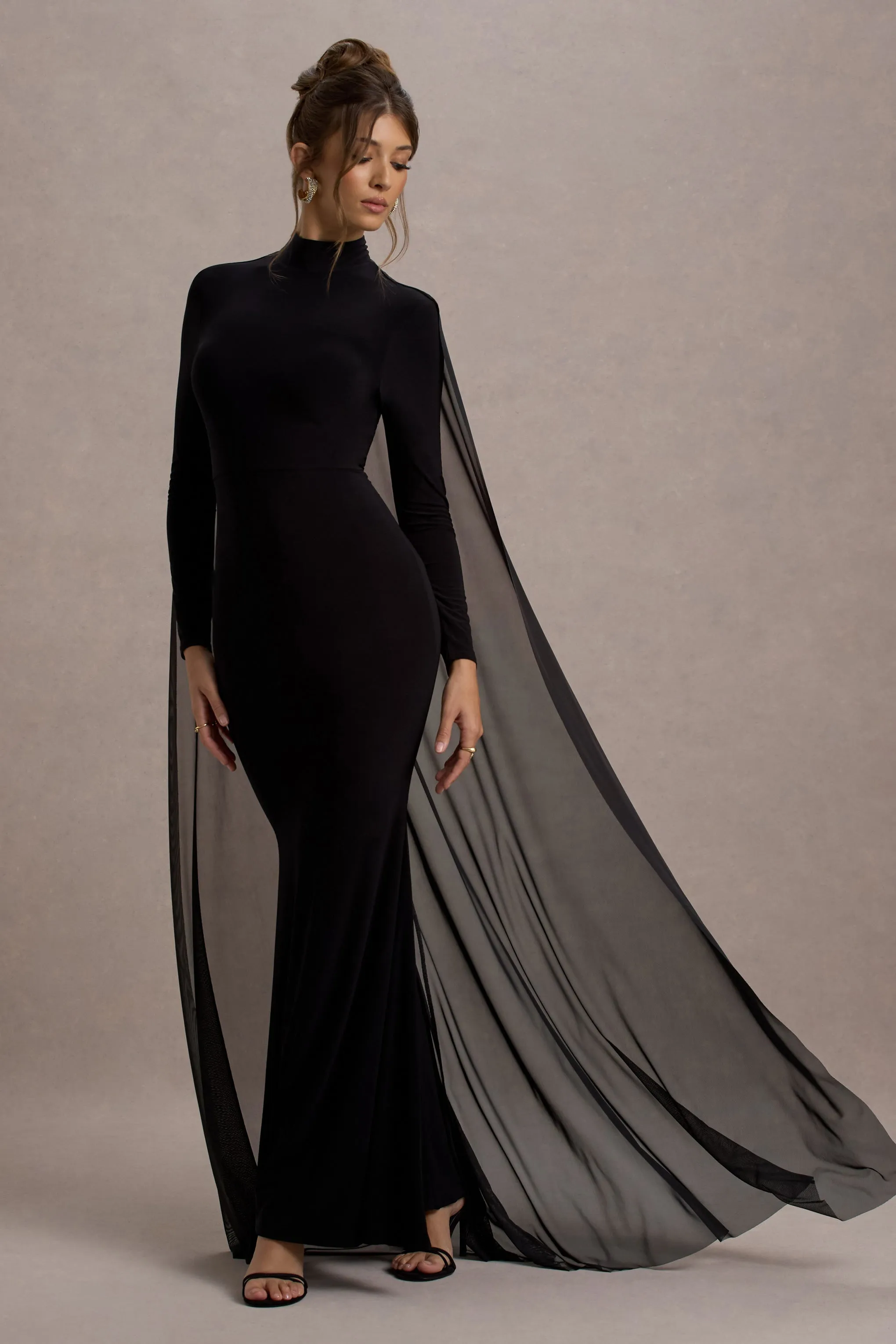 La Nuit | Black High-Neck Long-Sleeve Maxi Dress With Cape sold by Club L London