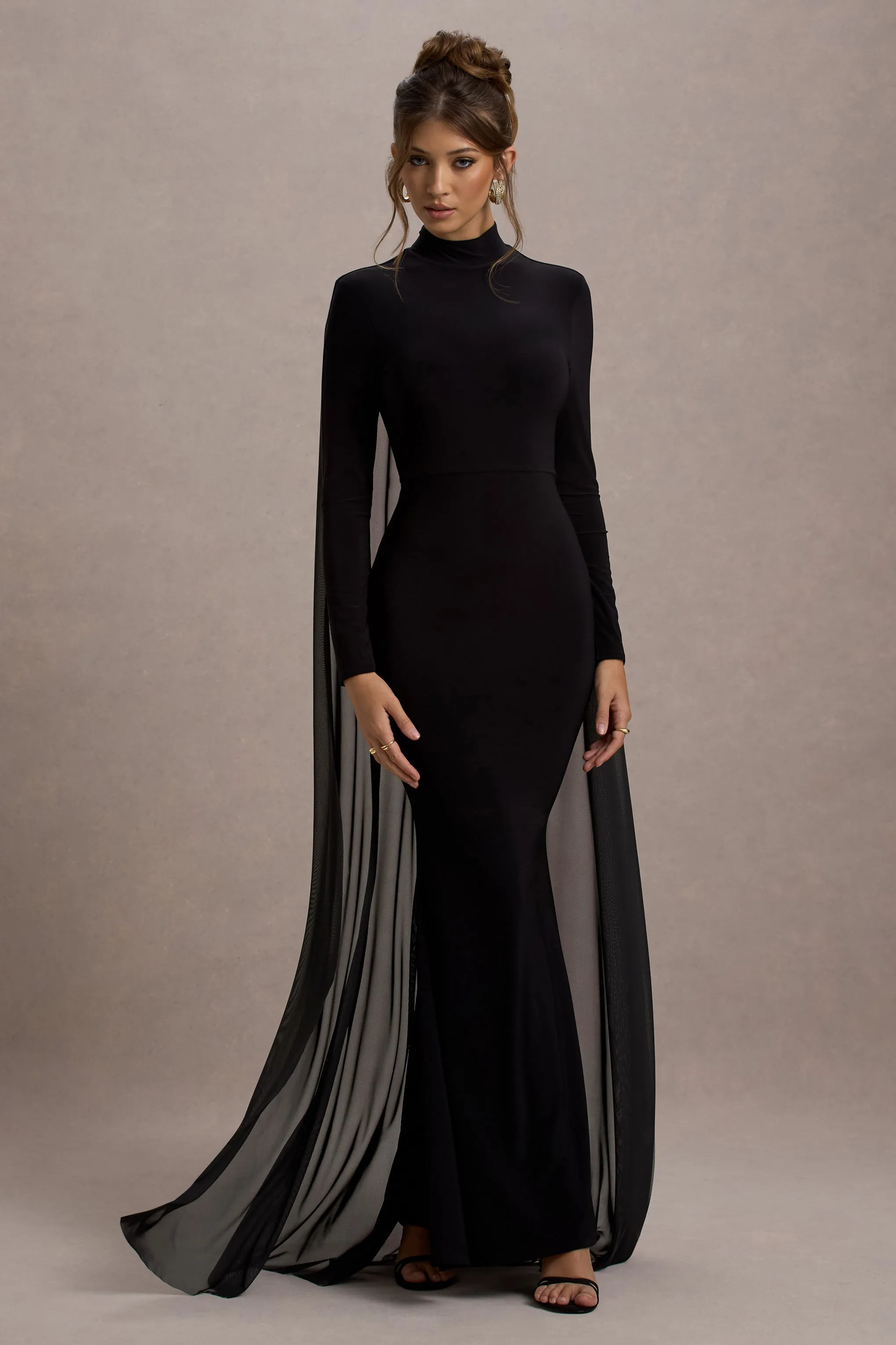 La Nuit | Black High-Neck Long-Sleeve Maxi Dress With Cape sold by Club L London product image thumbnail 5