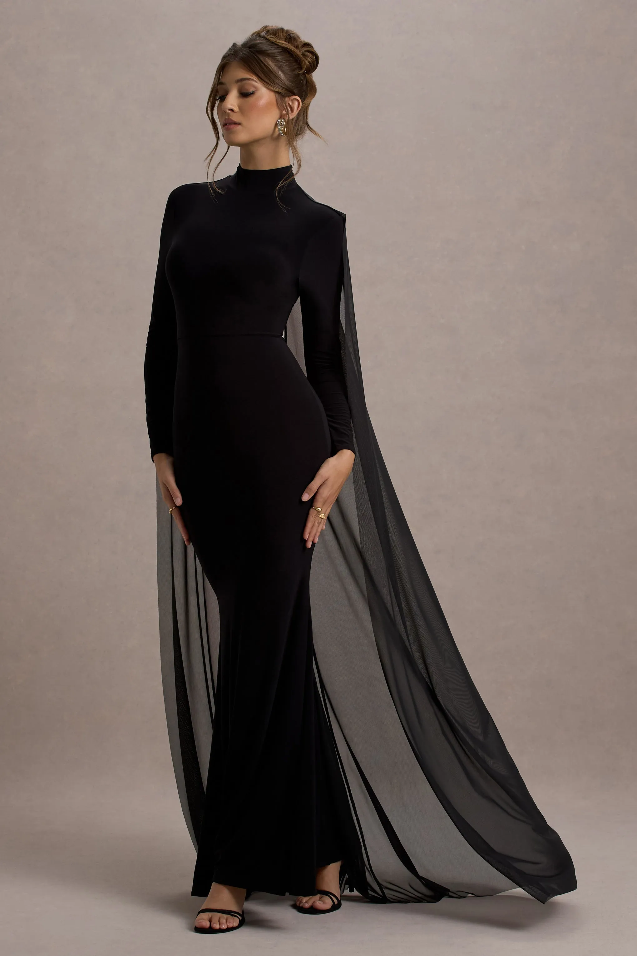 La Nuit | Black High-Neck Long-Sleeve Maxi Dress With Cape sold by Club L London product image thumbnail 4
