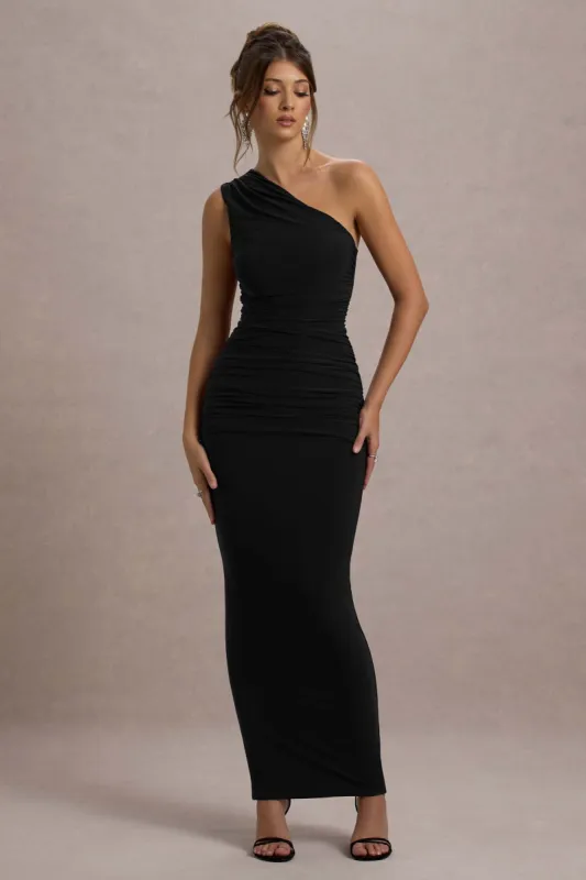 Dalarie | Black One-Shoulder Gathered Maxi Dress sold by Club L London