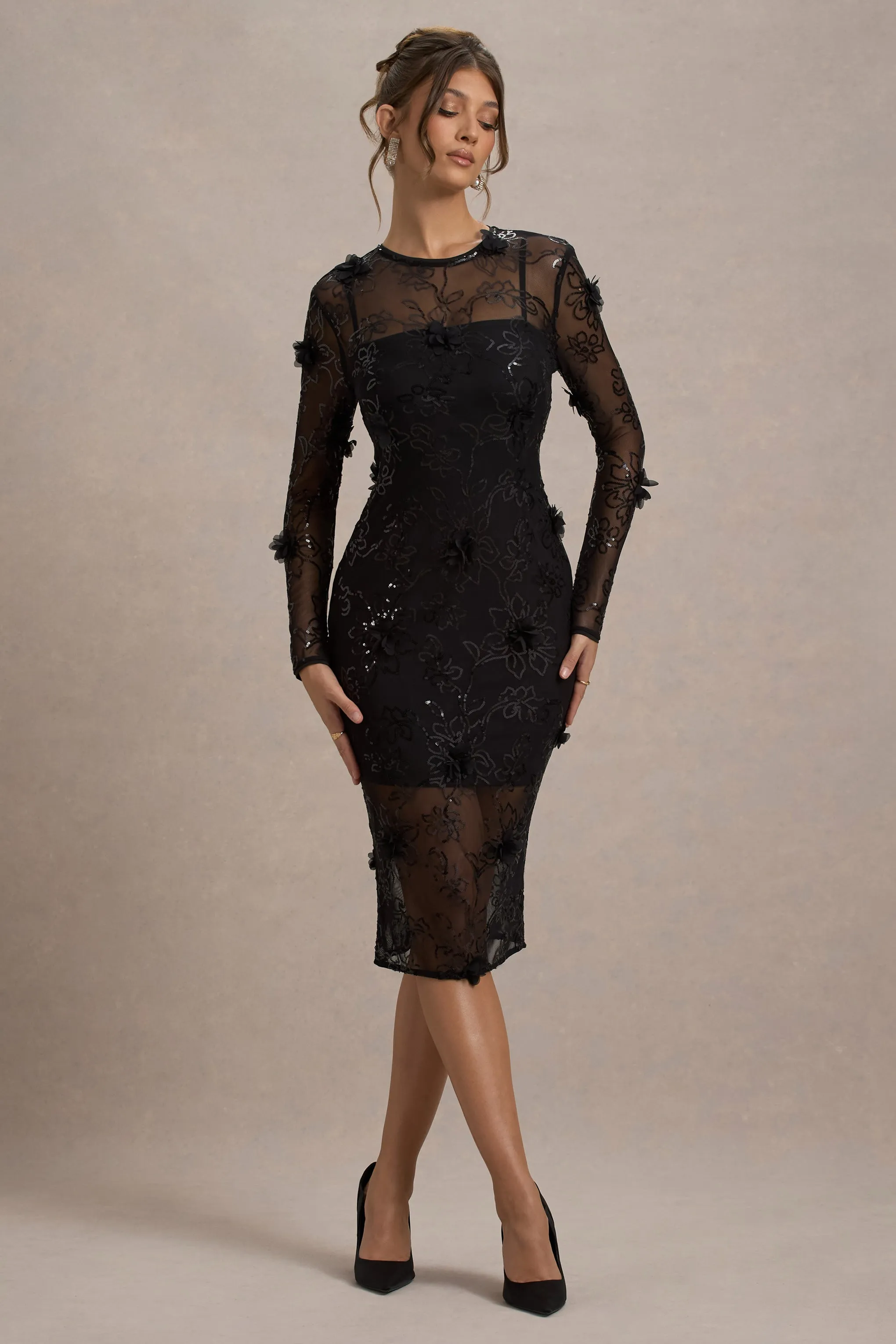 Intimate | Black Sequin Sheer Midi Dress With Flowers sold by Club L London