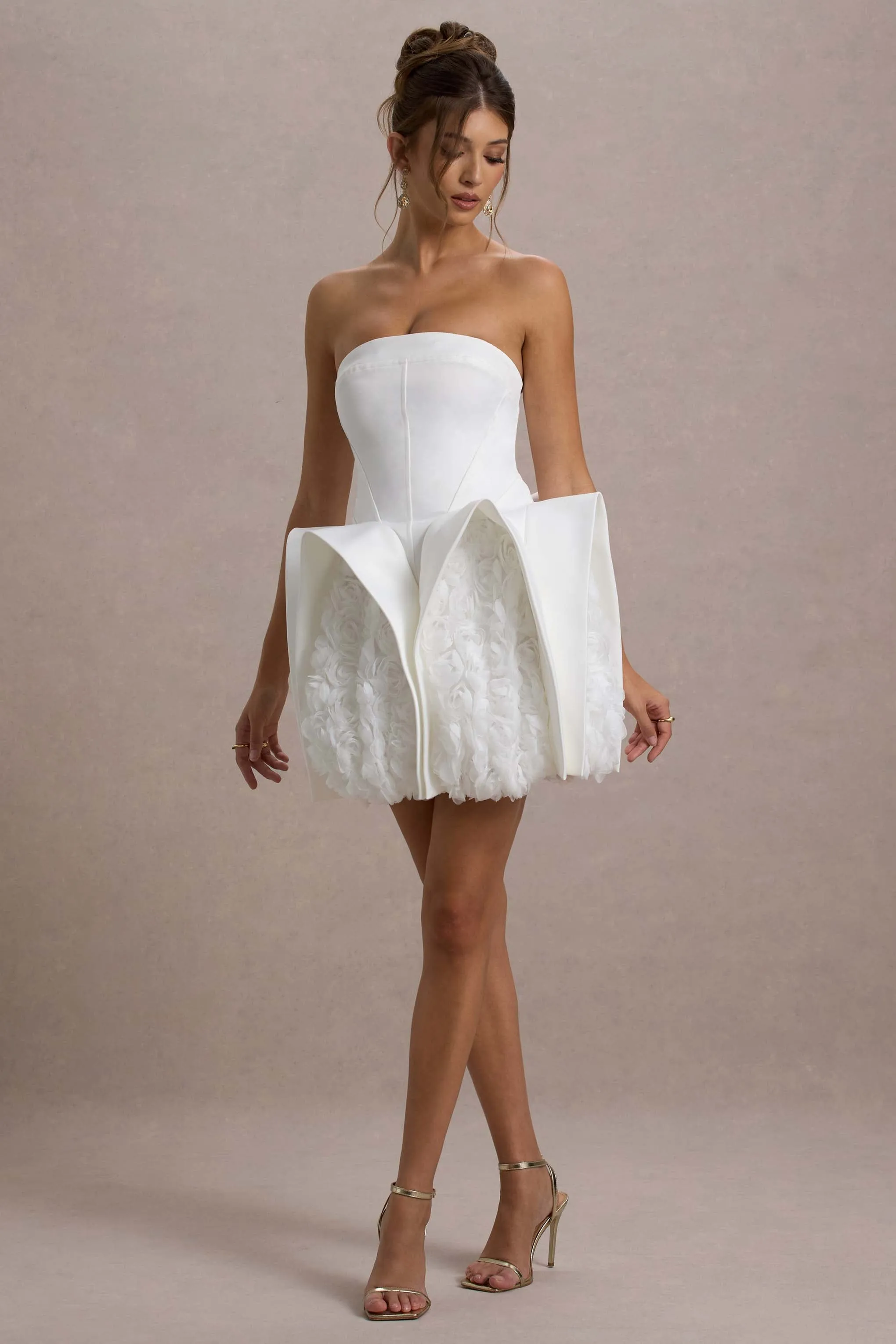 Orchid Oasis | White Bandeau Mini Dress With Puff Floral Hem sold by Club L London product image thumbnail 5