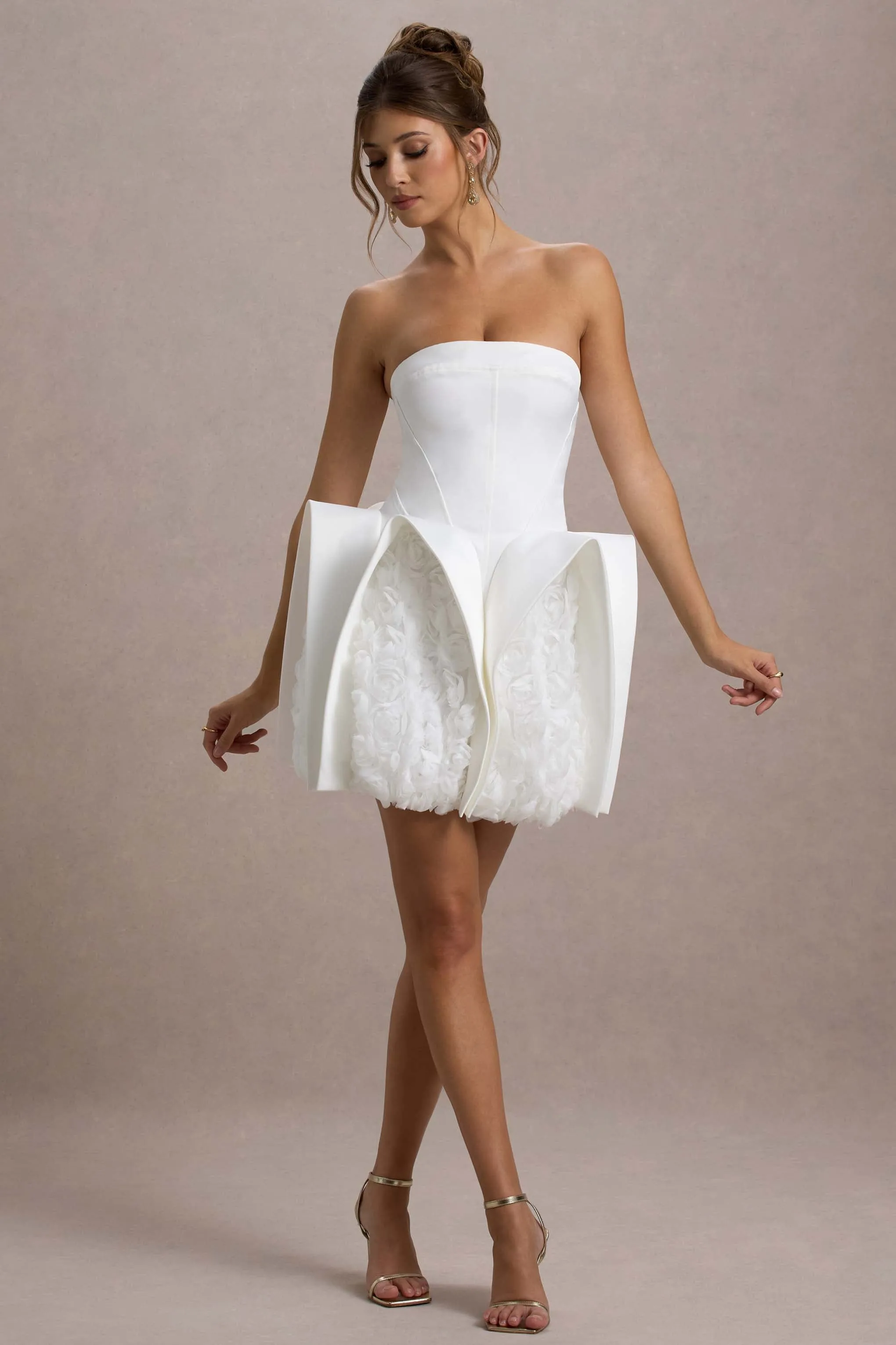 Orchid Oasis | White Bandeau Mini Dress With Puff Floral Hem sold by Club L London