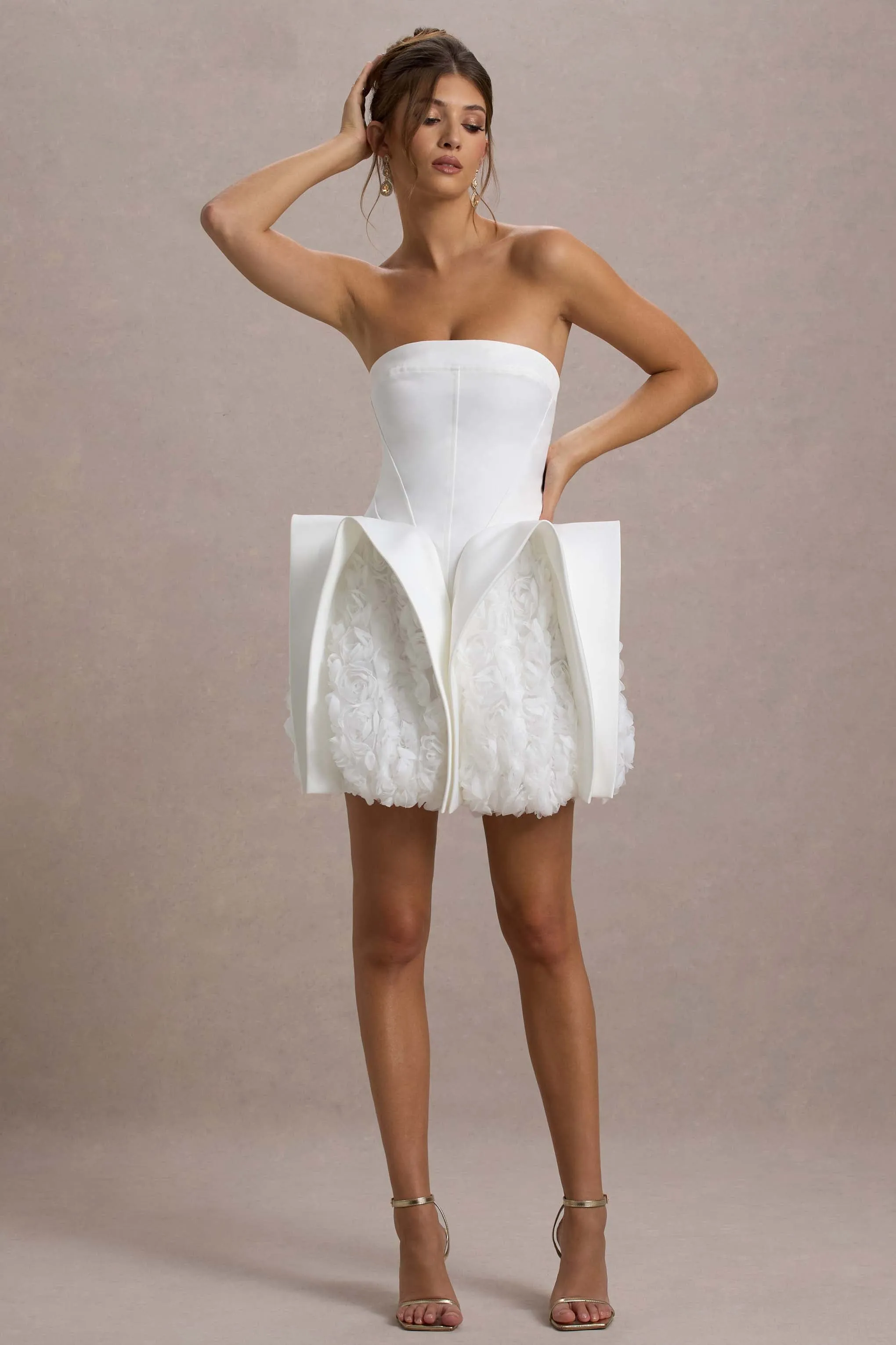 Orchid Oasis | White Bandeau Mini Dress With Puff Floral Hem sold by Club L London product image thumbnail 4