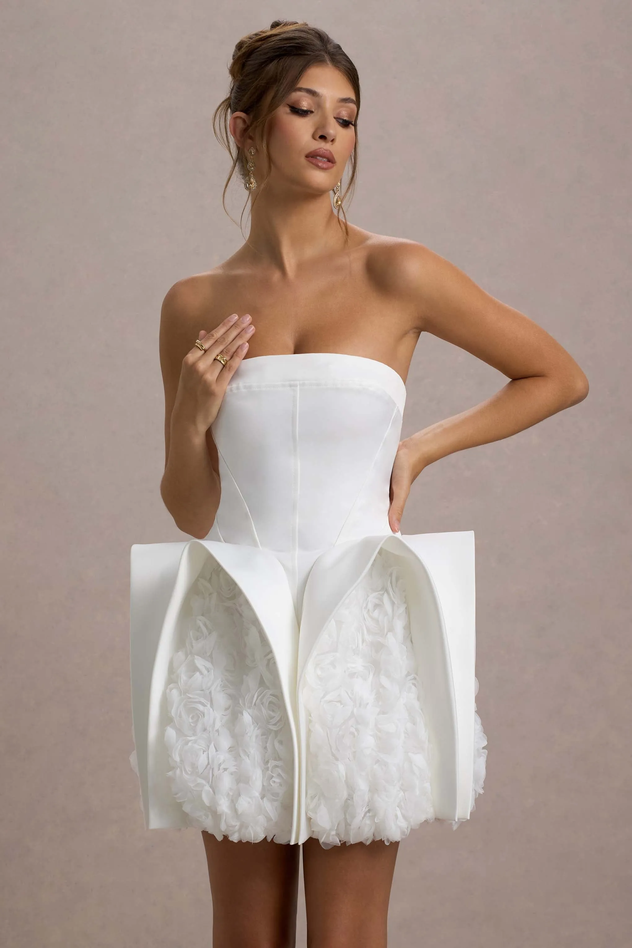 Orchid Oasis | White Bandeau Mini Dress With Puff Floral Hem sold by Club L London product image thumbnail 3