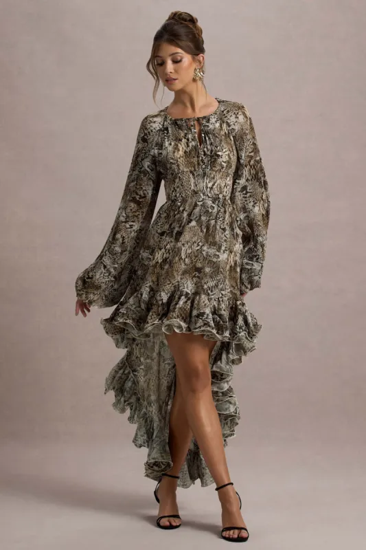 Namir | Snake Print High-Low Chiffon Maxi Dress sold by Club L London