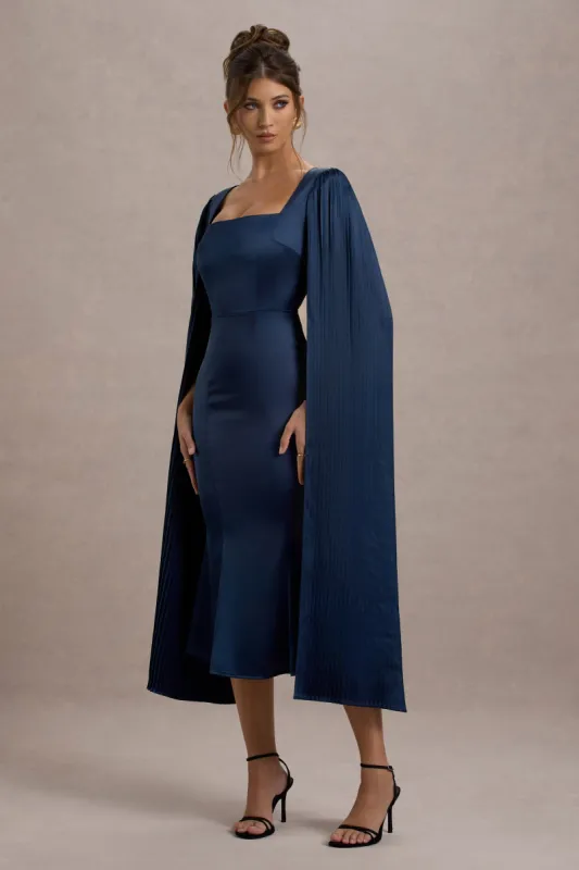 Nalda | Navy Square-Neck Midi Dress With Cape Sleeves sold by Club L London