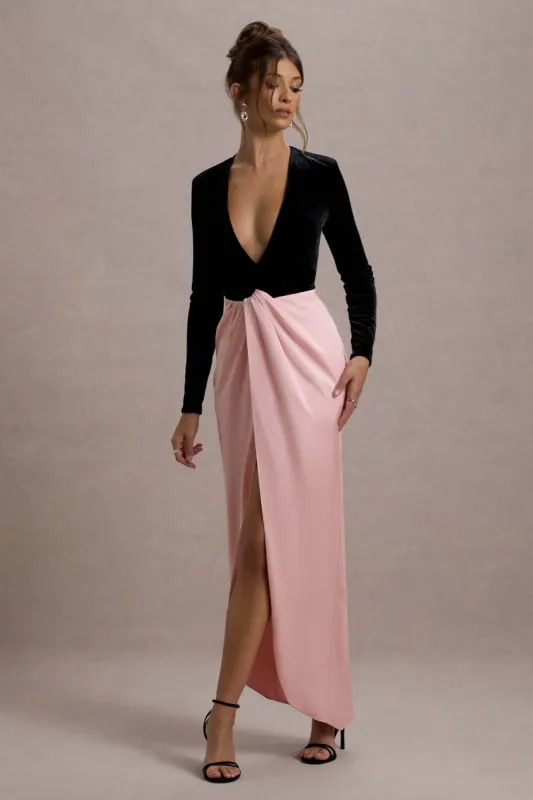 Love Spell | Black Velvet Plunge-Neck Maxi Dress With Pink Satin Skirt sold by Club L London