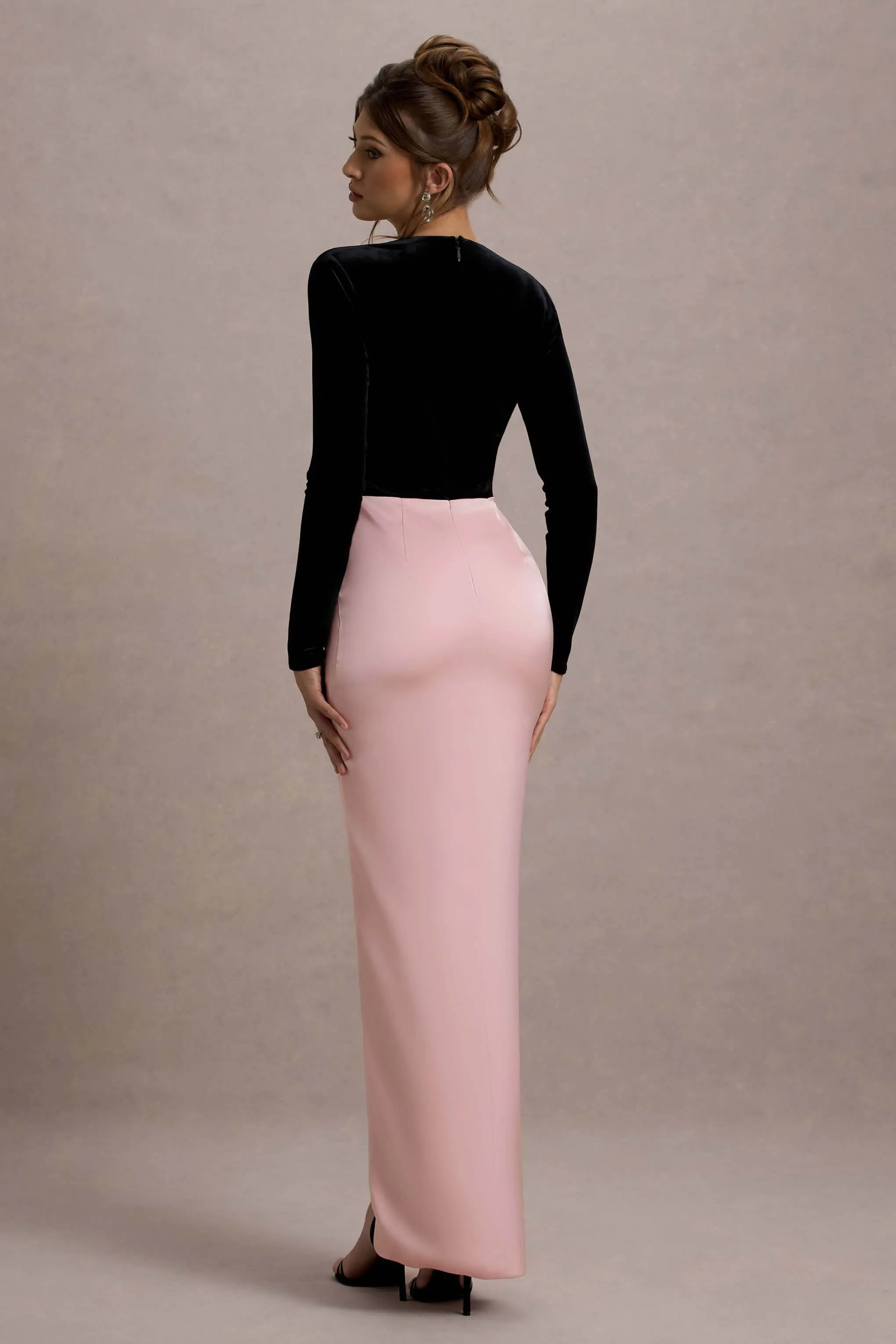 Love Spell | Black Velvet Plunge-Neck Maxi Dress With Pink Satin Skirt sold by Club L London product image thumbnail 2