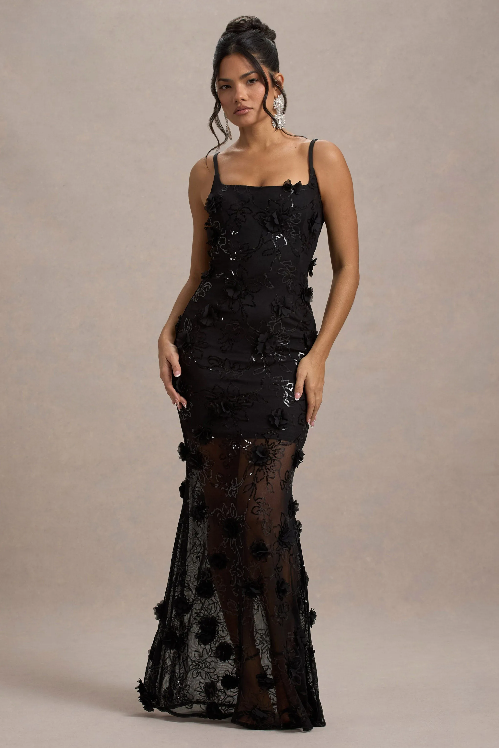 All Of Me | Black Sequin Sheer Maxi Dress With Flowers sold by Club L London