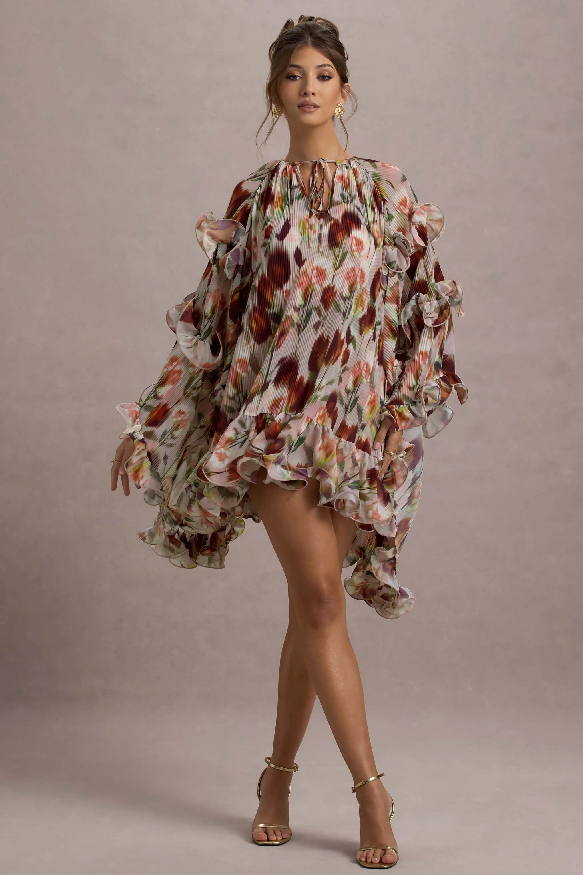 Abelia | Cream Floral Print High-Neck Cape-Sleeve Chiffon Mini Dress sold by Club L London
