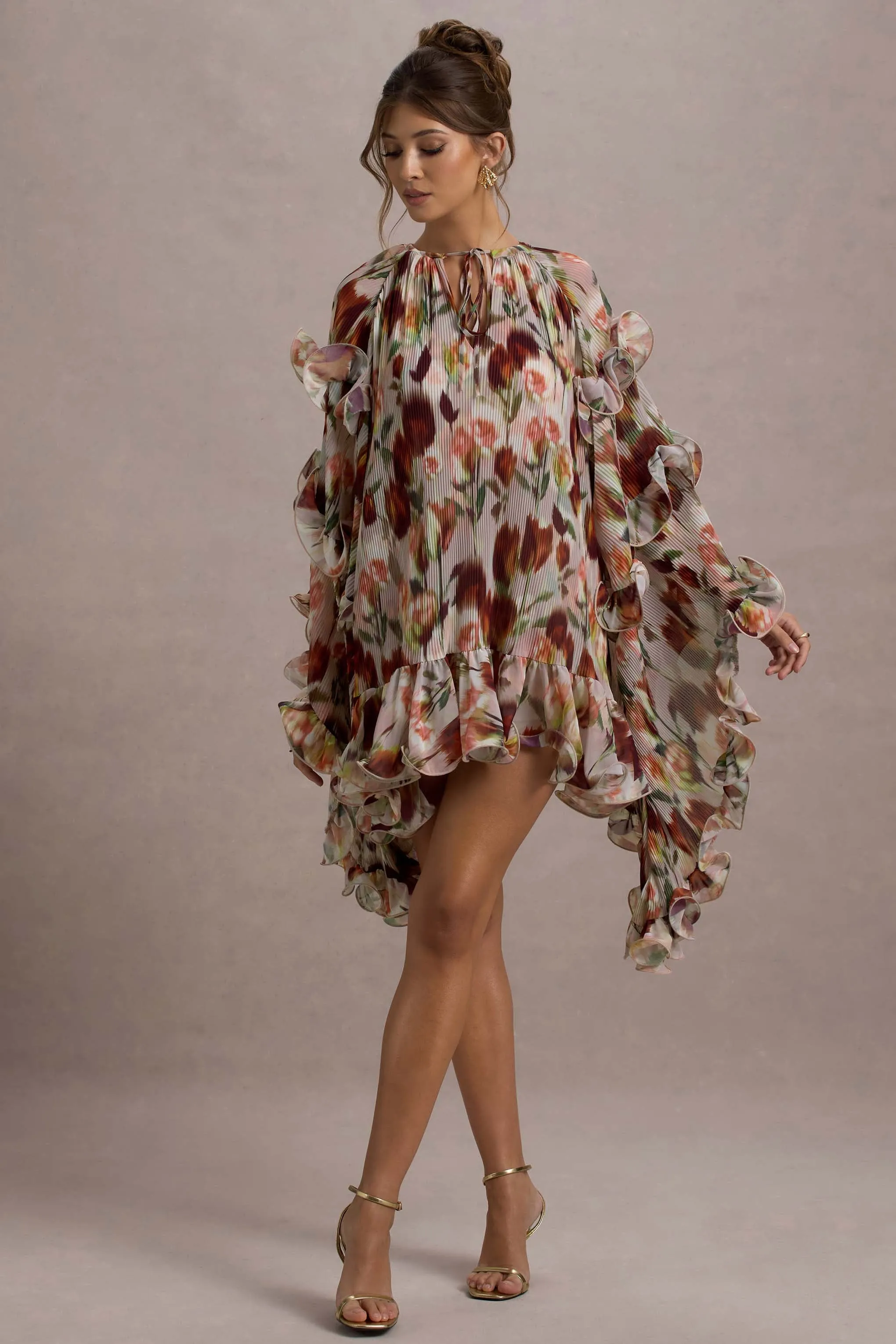 Abelia | Cream Floral Print High-Neck Cape-Sleeve Chiffon Mini Dress sold by Club L London product image thumbnail 5