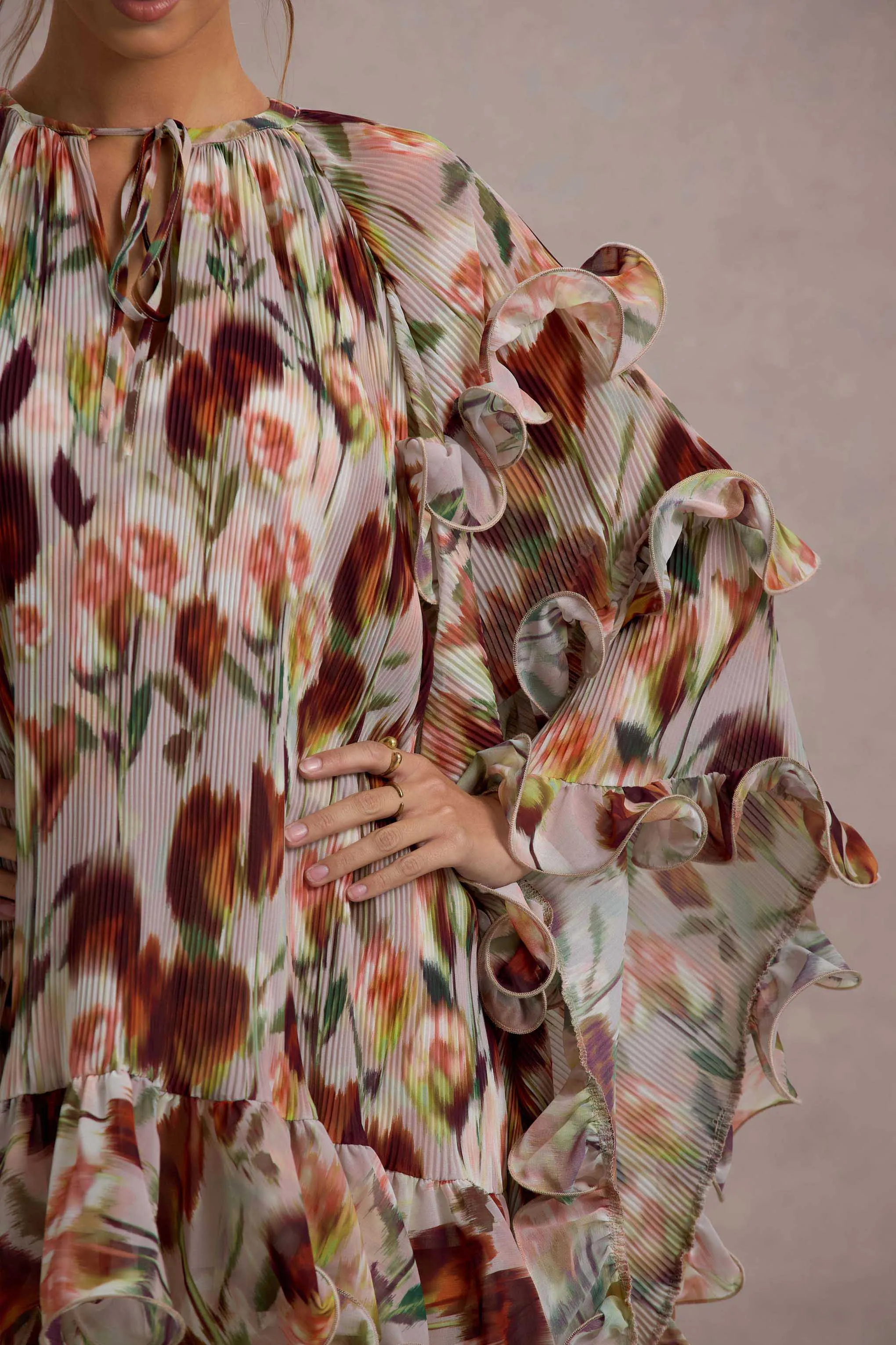 Abelia | Cream Floral Print High-Neck Cape-Sleeve Chiffon Mini Dress sold by Club L London product image thumbnail 4
