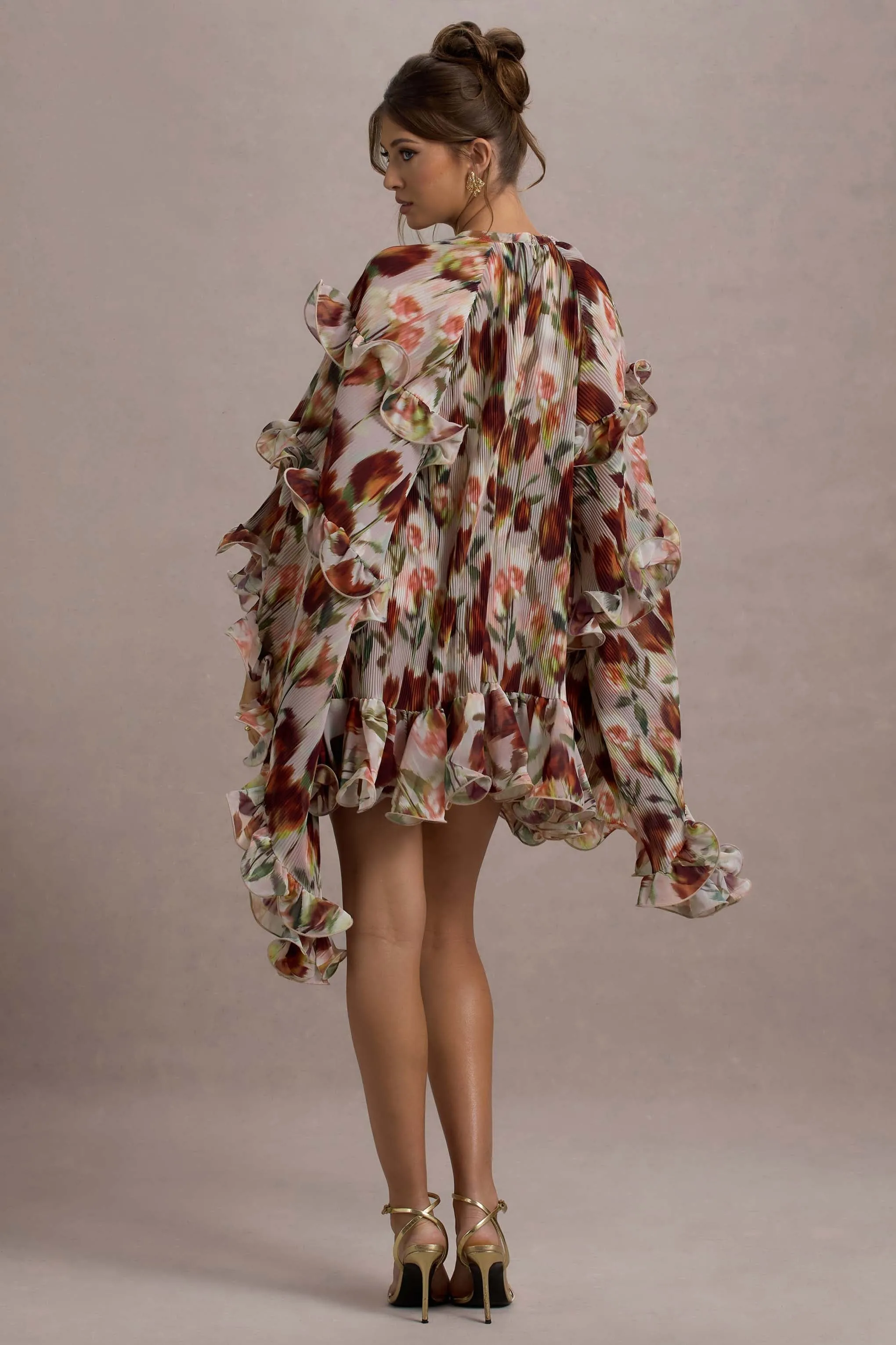 Abelia | Cream Floral Print High-Neck Cape-Sleeve Chiffon Mini Dress sold by Club L London product image thumbnail 2