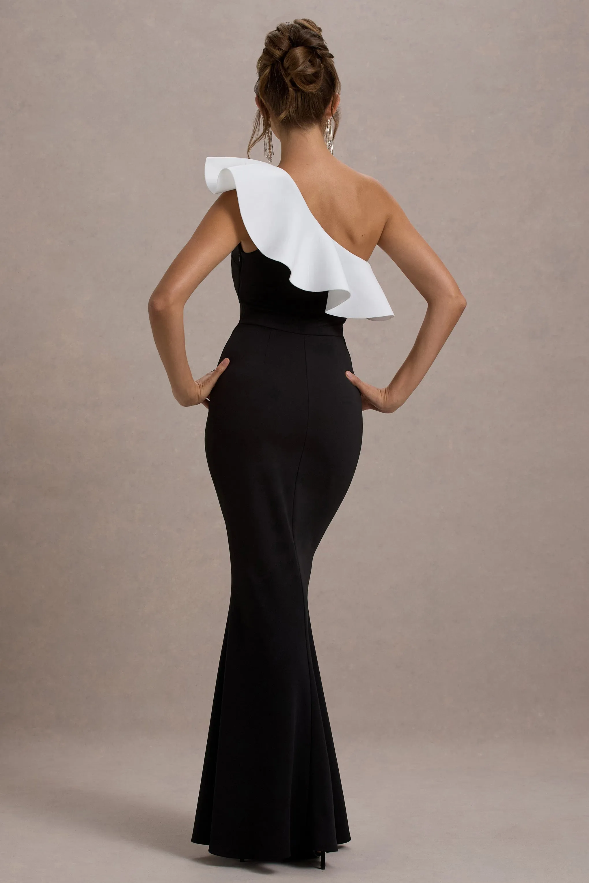 Berkley | Black & White Ruffled One-Shoulder Maxi Dress sold by Club L London product image thumbnail 2