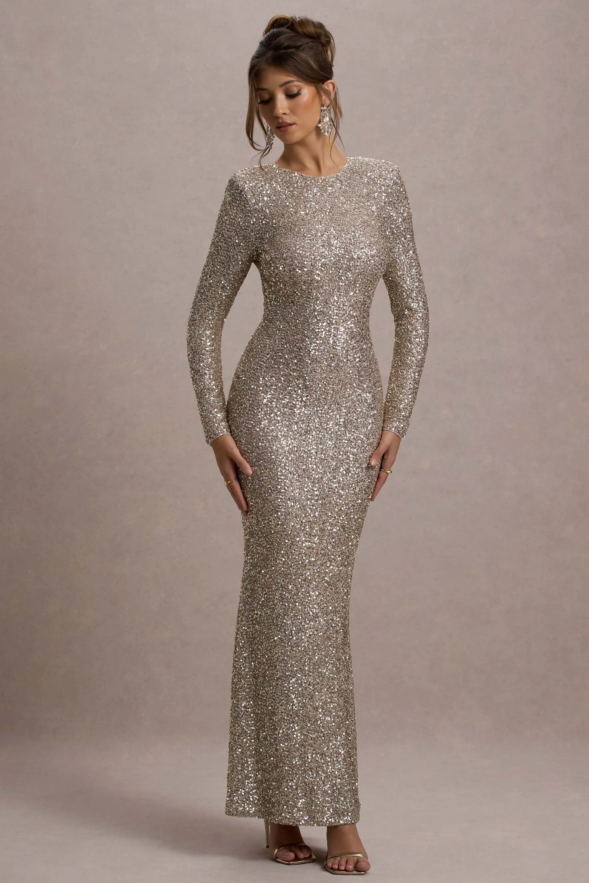 Citrine | Rose Gold Sequin Long-Sleeve Maxi Dress sold by Club L London