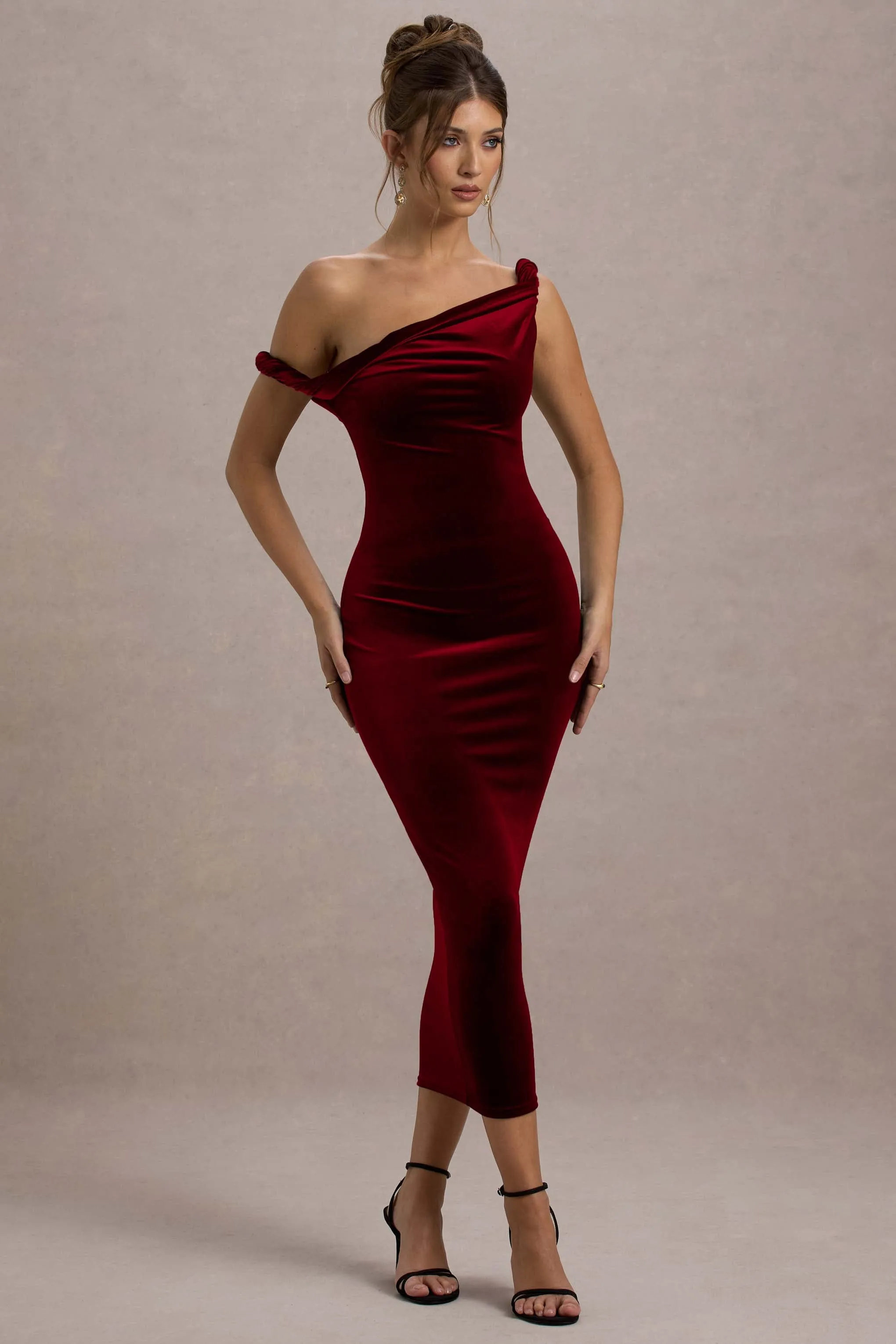 Carella | Berry Velvet Twisted Asymmetric Midi Dress sold by Club L London product image thumbnail 5