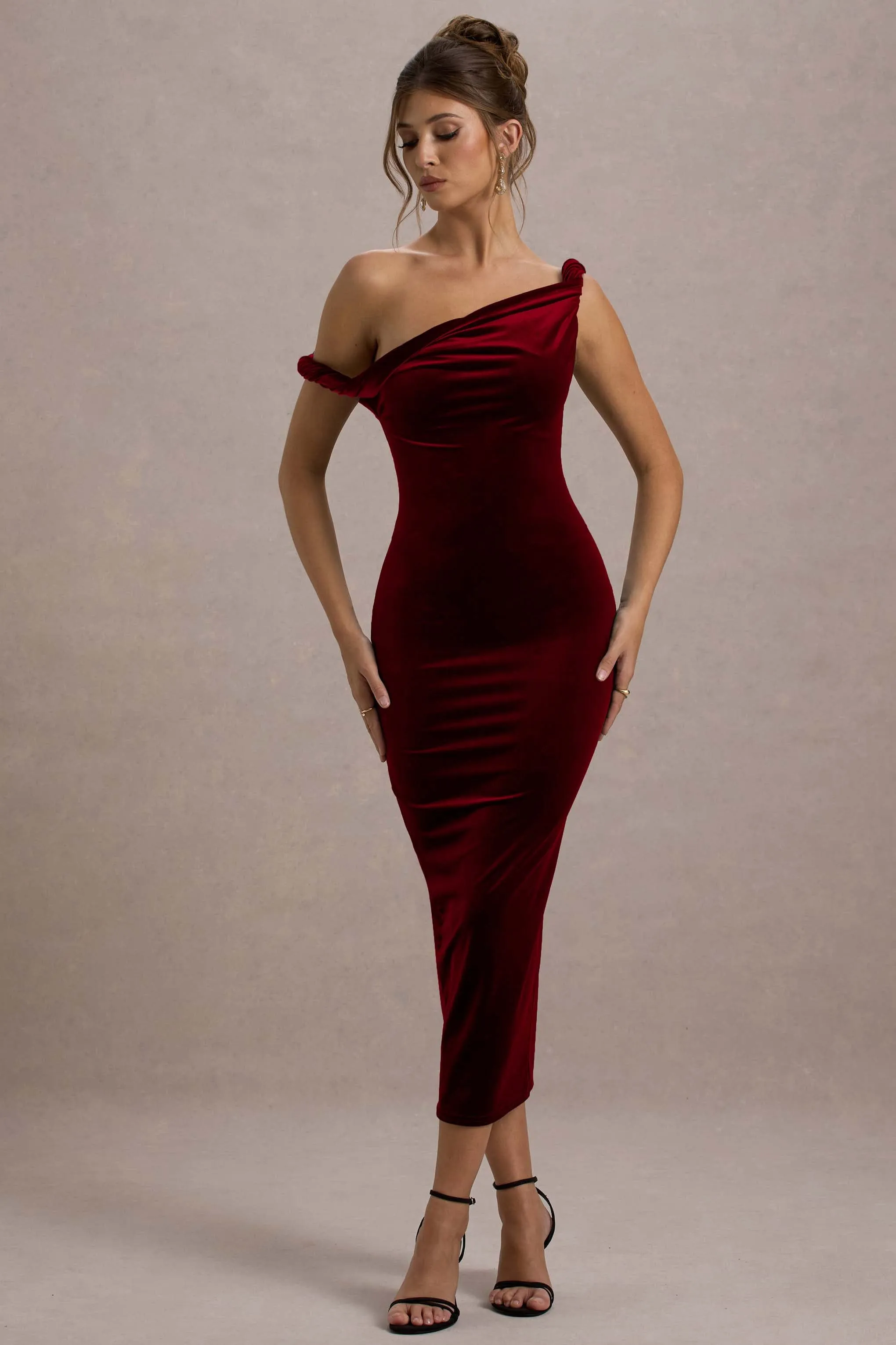 Carella | Berry Velvet Twisted Asymmetric Midi Dress sold by Club L London