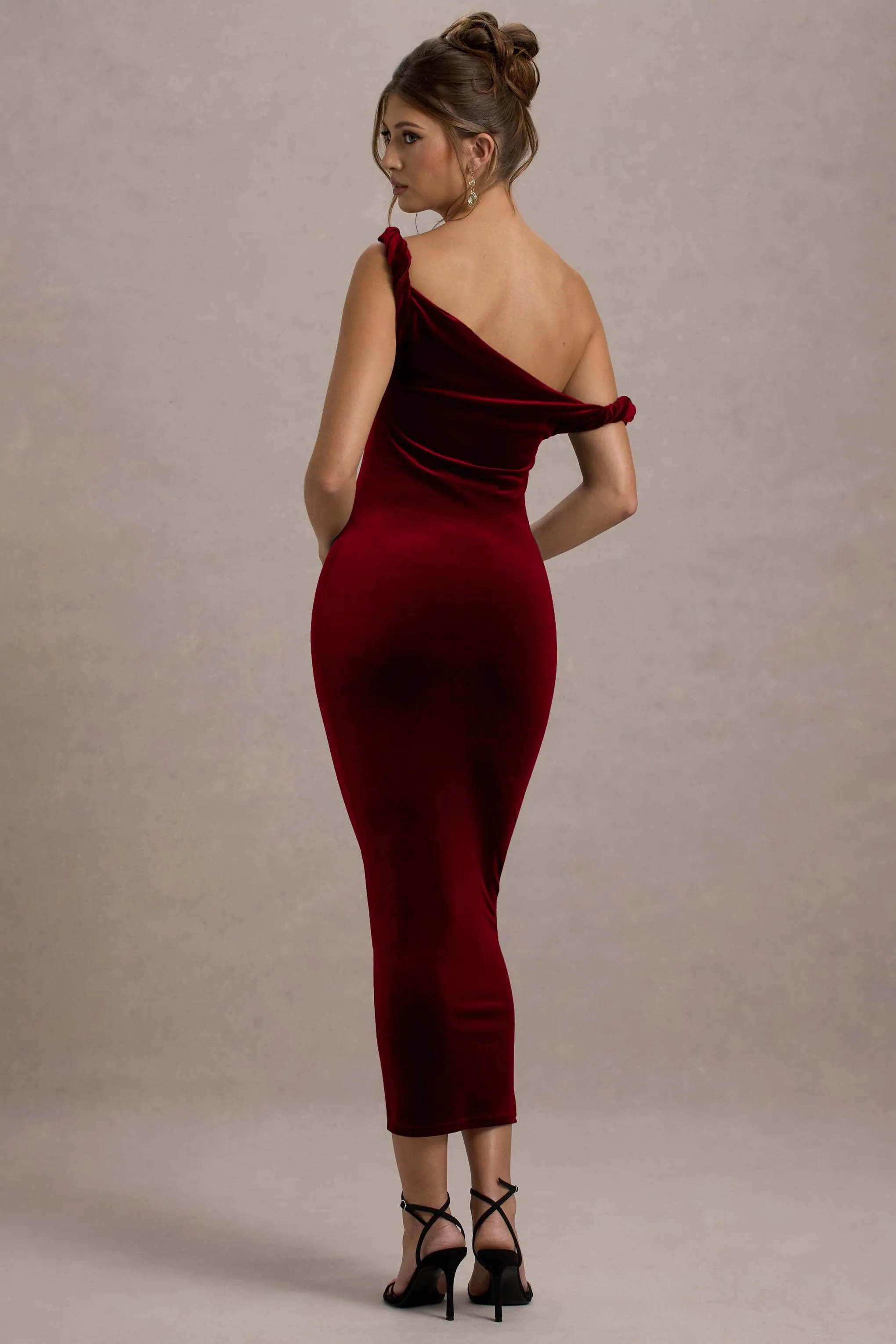 Carella | Berry Velvet Twisted Asymmetric Midi Dress sold by Club L London product image thumbnail 2