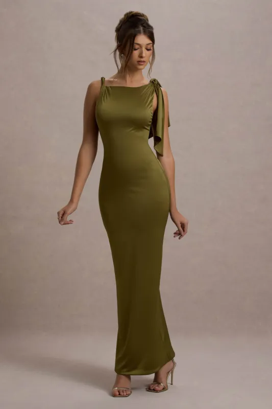 Kacey | Olive Twisted Knot Maxi Dress sold by Club L London