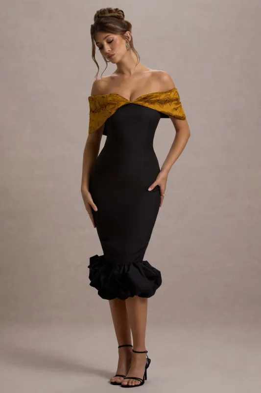 Despina | Black Bardot Midi Dress With Ruffle Hem sold by Club L London