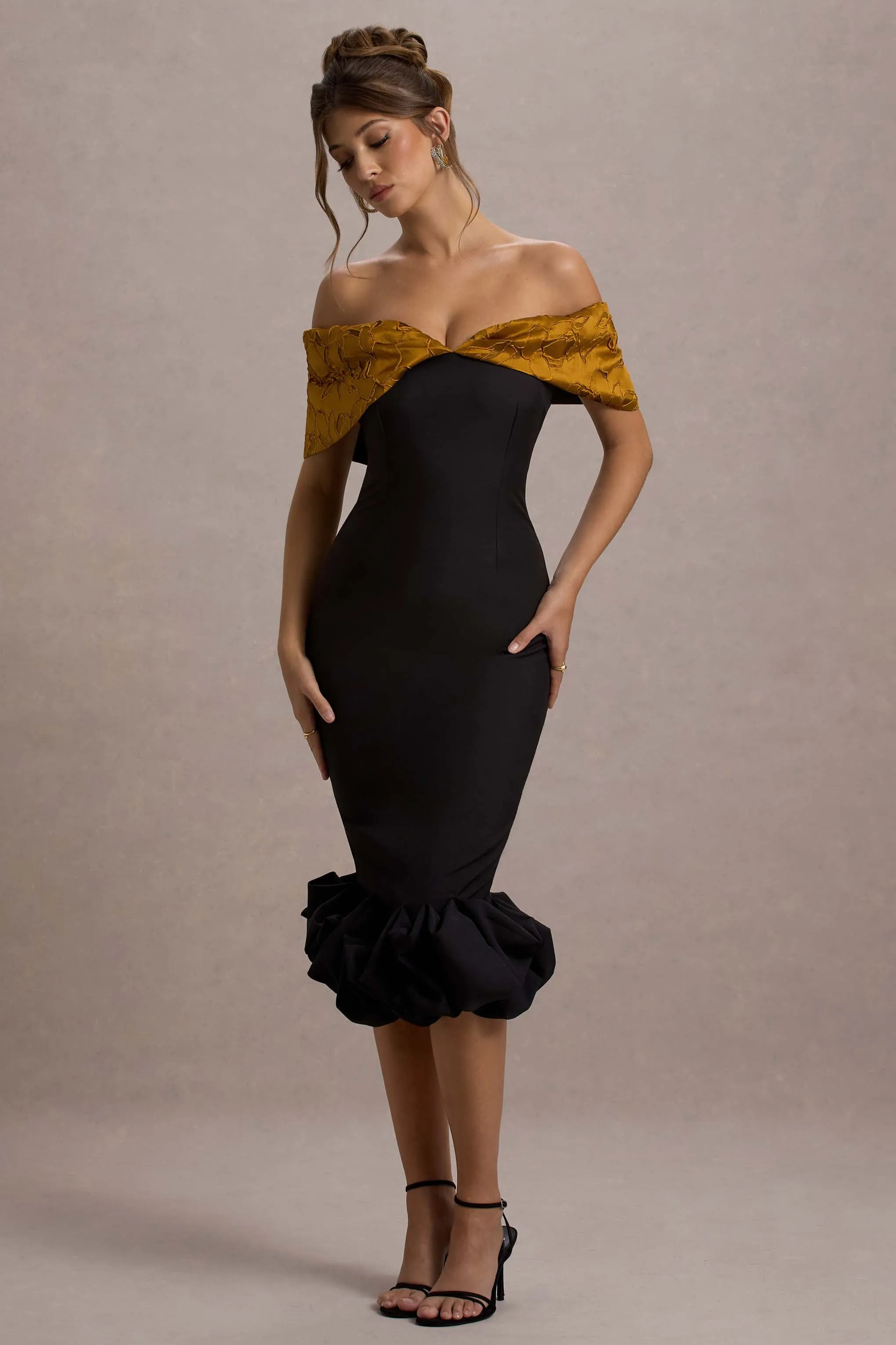 Despina | Black Bardot Midi Dress With Ruffle Hem sold by Club L London