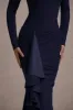 Alayna | Navy Long-Sleeve Maxi Dress With Ruffled Split sold by Club L London