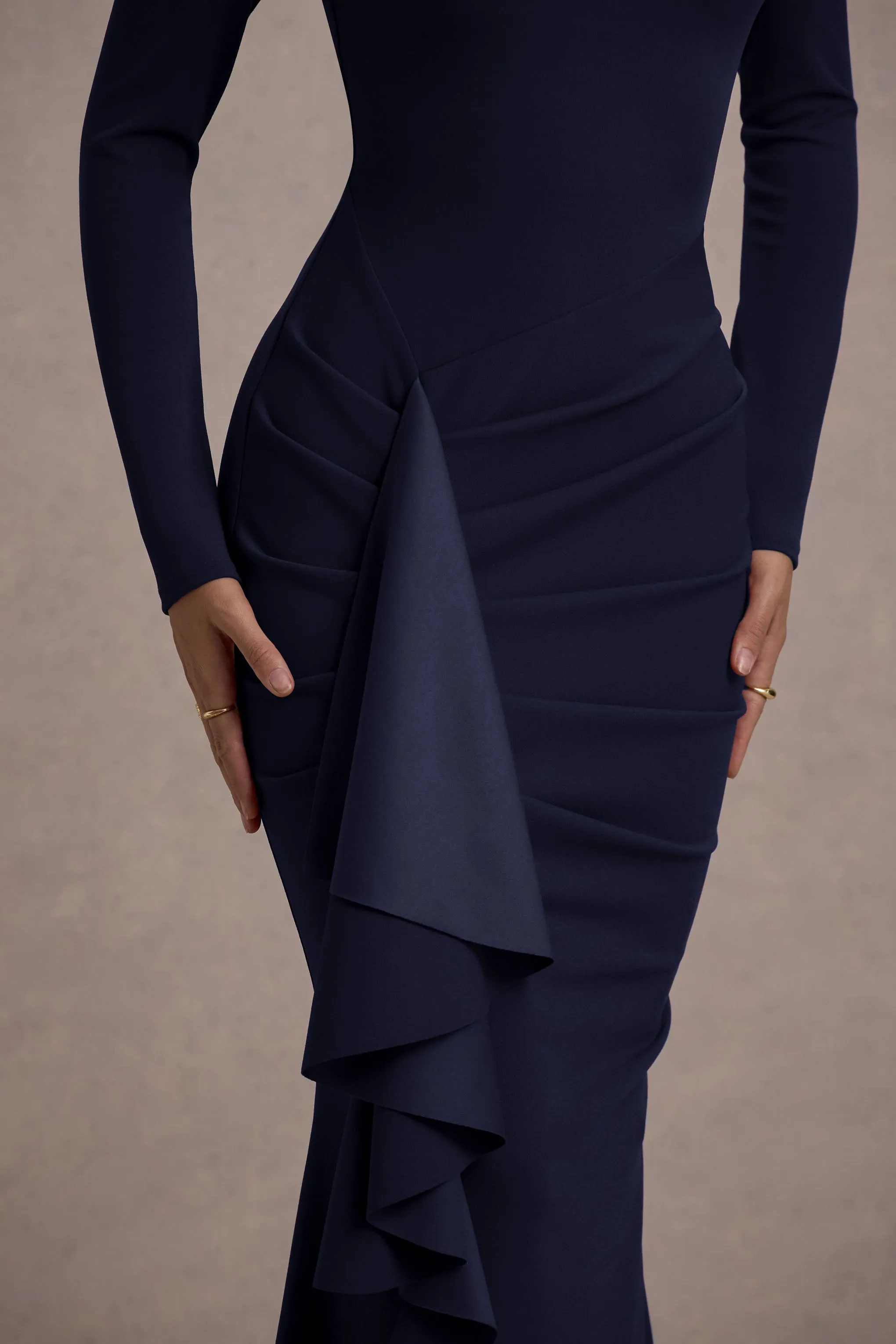 Alayna | Navy Long-Sleeve Maxi Dress With Ruffled Split sold by Club L London product image thumbnail 4