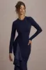 Alayna | Navy Long-Sleeve Maxi Dress With Ruffled Split sold by Club L London