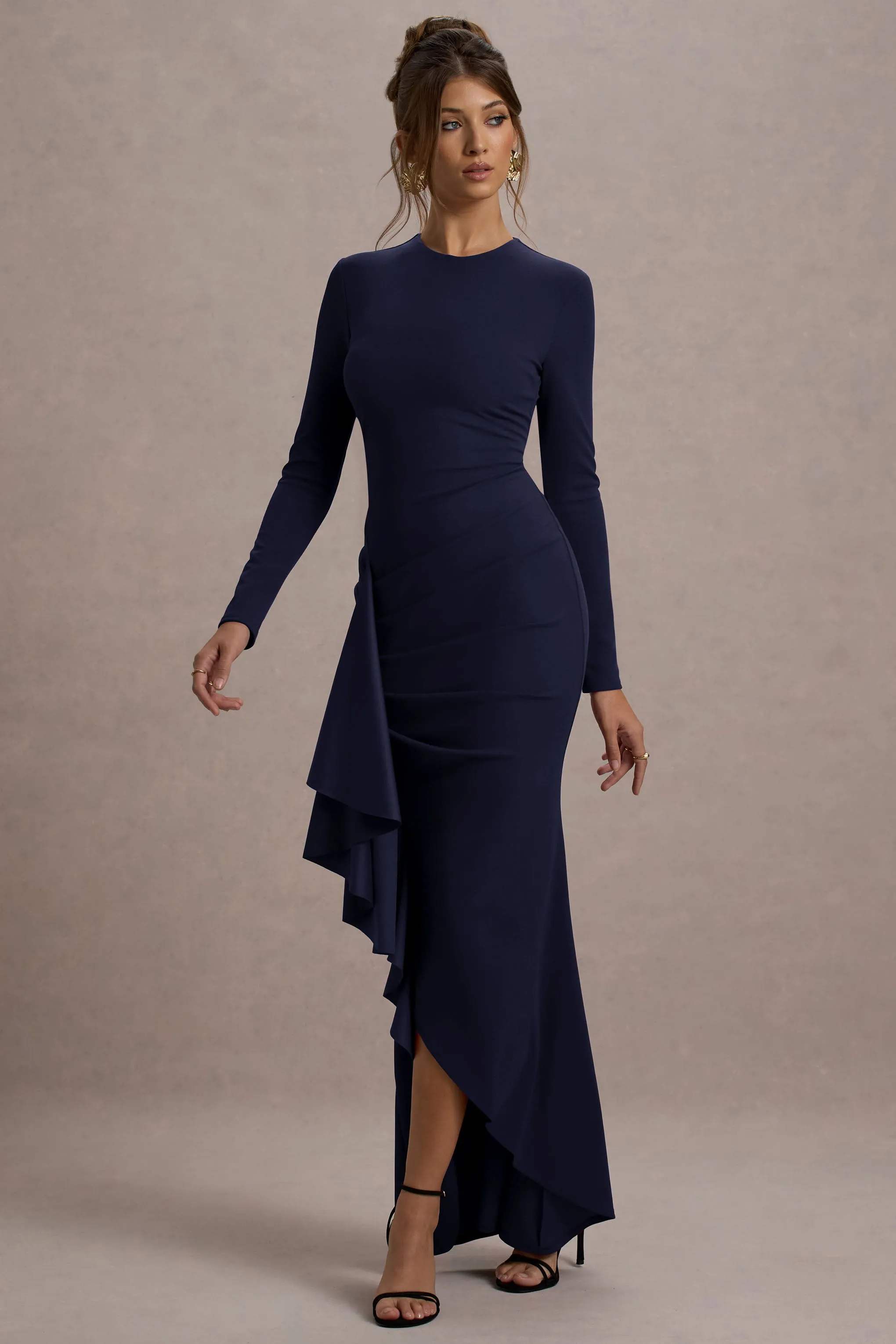 Alayna | Navy Long-Sleeve Maxi Dress With Ruffled Split sold by Club L London