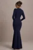 Alayna | Navy Long-Sleeve Maxi Dress With Ruffled Split sold by Club L London