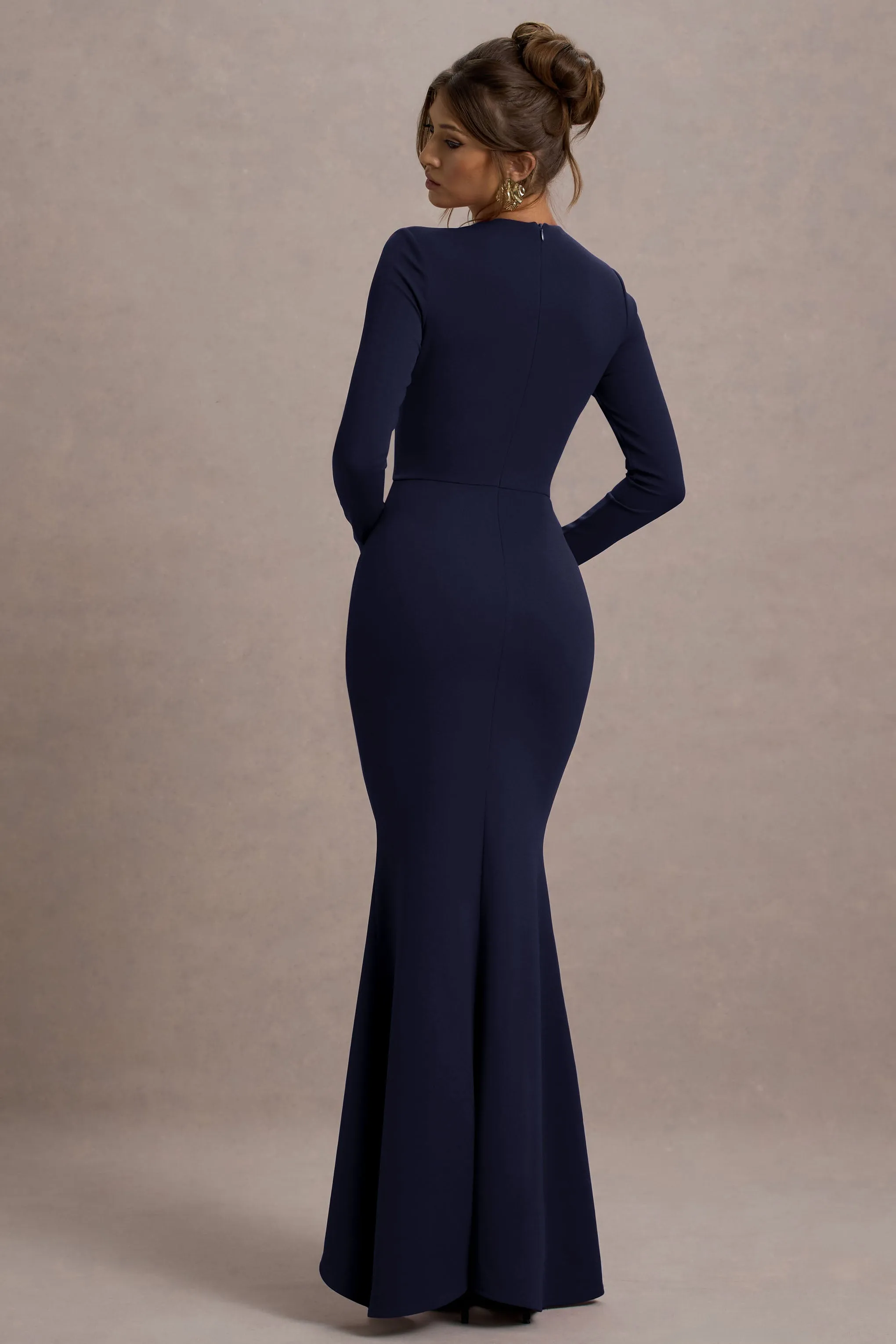 Alayna | Navy Long-Sleeve Maxi Dress With Ruffled Split sold by Club L London product image thumbnail 2