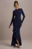 Alayna | Navy Long-Sleeve Maxi Dress With Ruffled Split sold by Club L London
